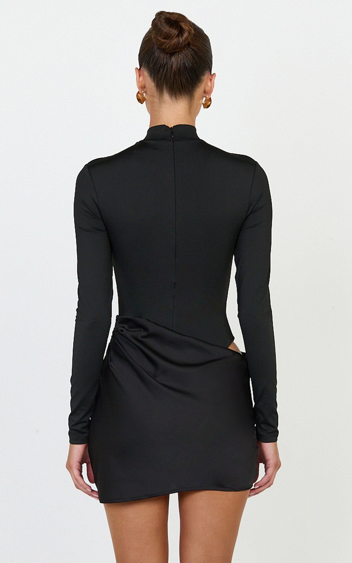 Naomi Mini Dress - Long Sleeve Draped Skirt Dress in Black