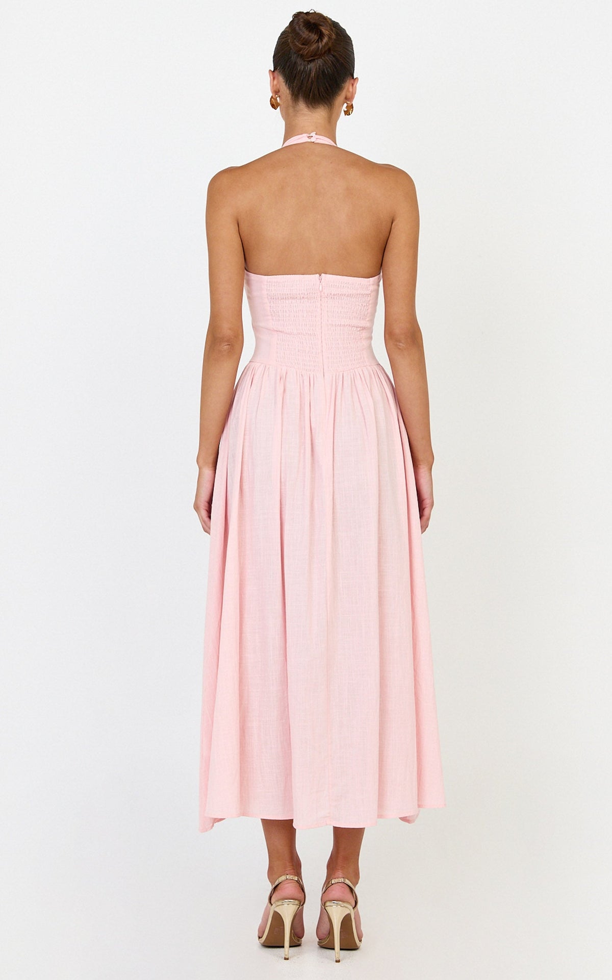 Athena Midi Dress - Halter Drop Waist Dress in Pink