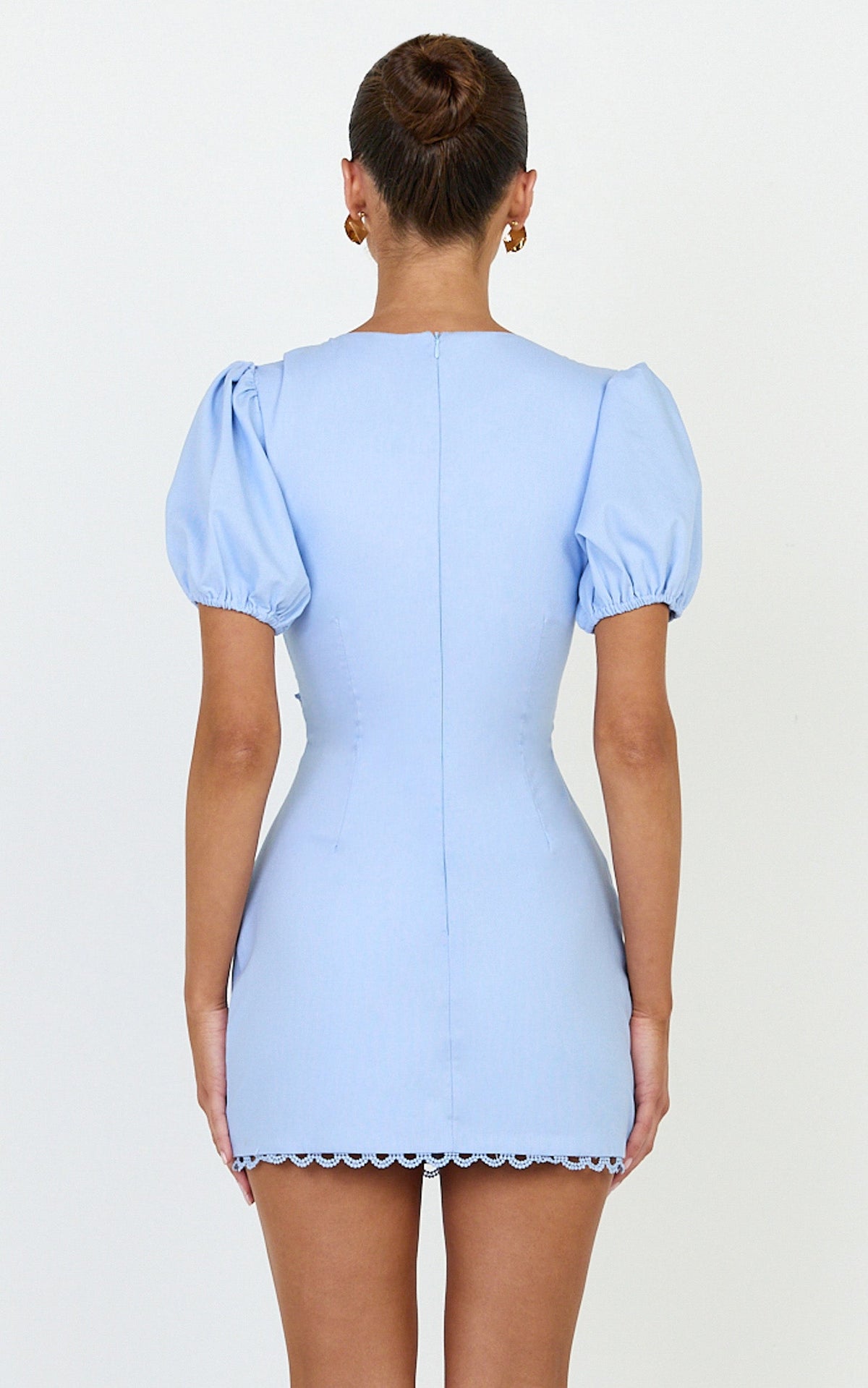 Carolyn Mini Dress - V Neck Puff Sleeve Dress in Light Blue
