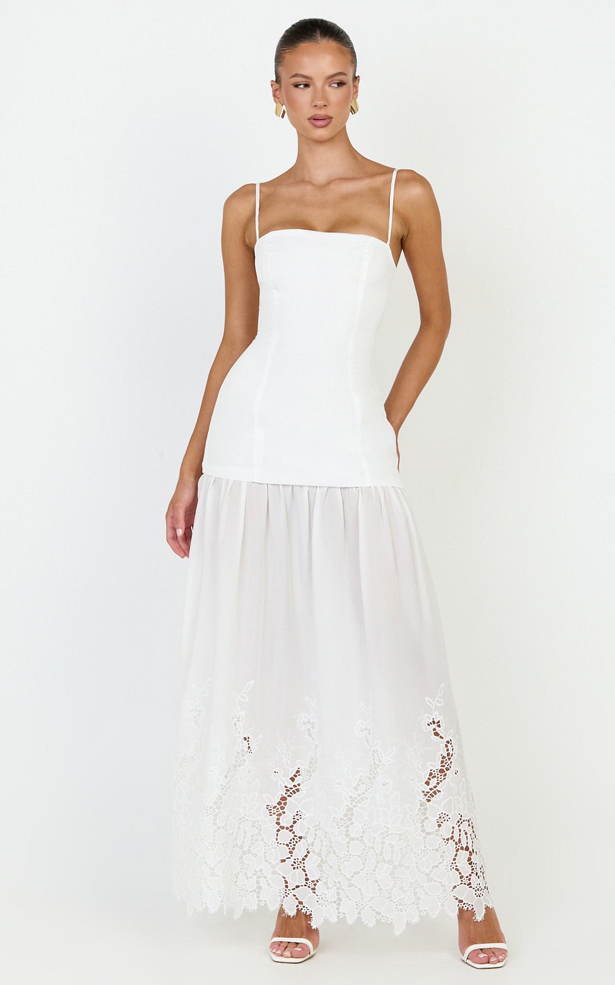 Everly Maxi Dress - Straight Neck Broderie Cut Out Hem Dress in White