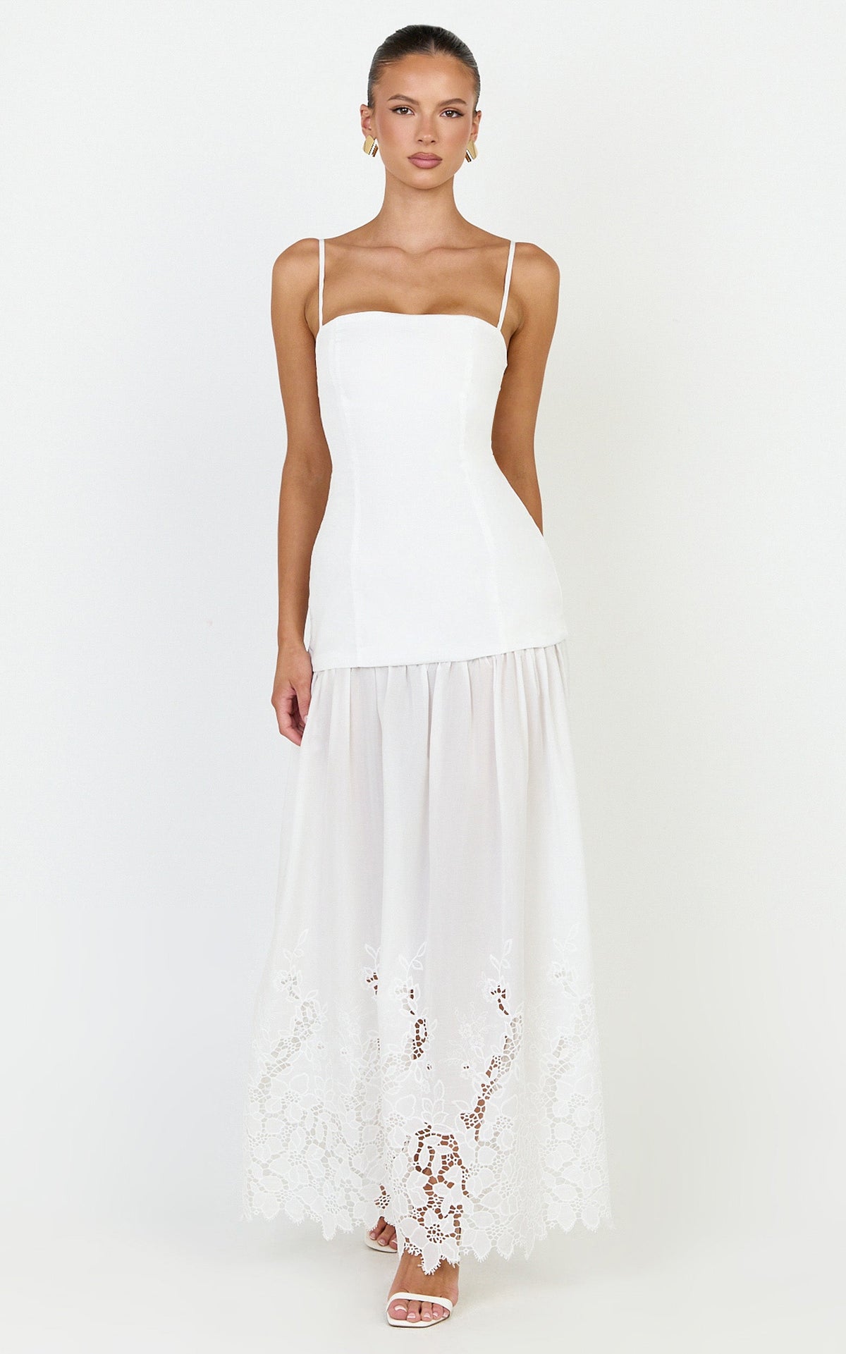 Everly Maxi Dress - Straight Neck Broderie Cut Out Hem Dress in White