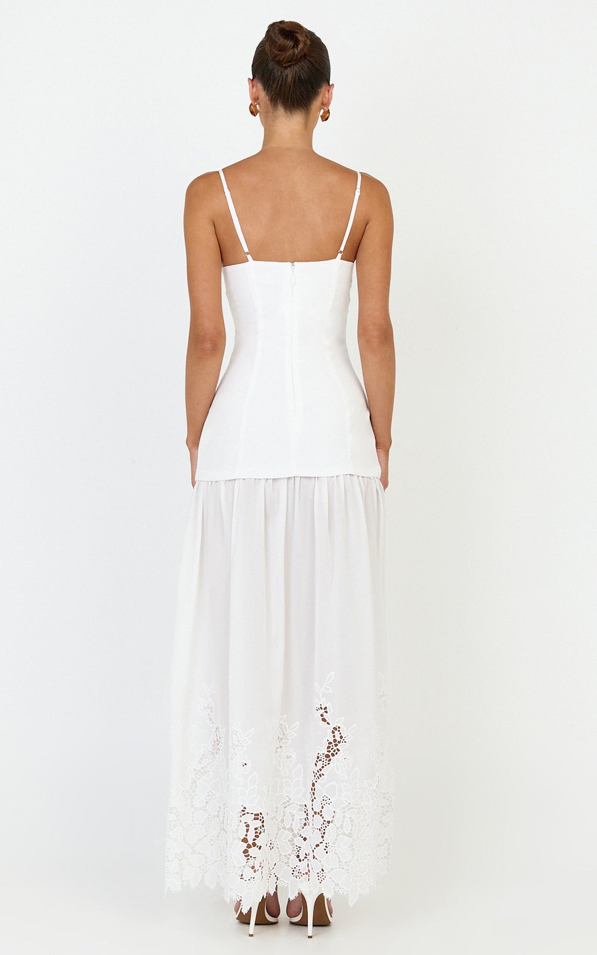 Everly Maxi Dress - Straight Neck Broderie Cut Out Hem Dress in White