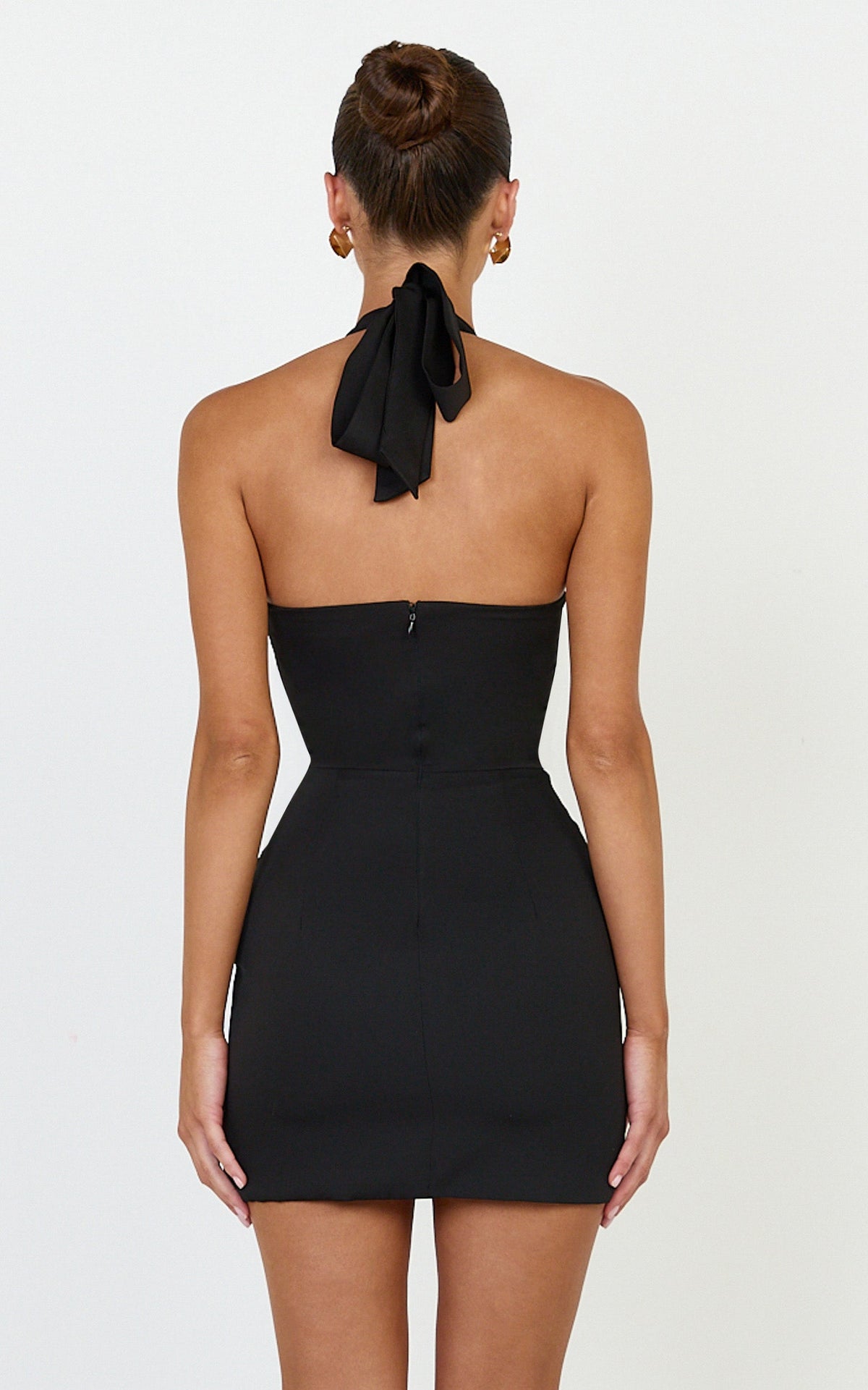 Karina Mini Dress - Halter Neck Princess Panel Tucked Waist Dress in Black
