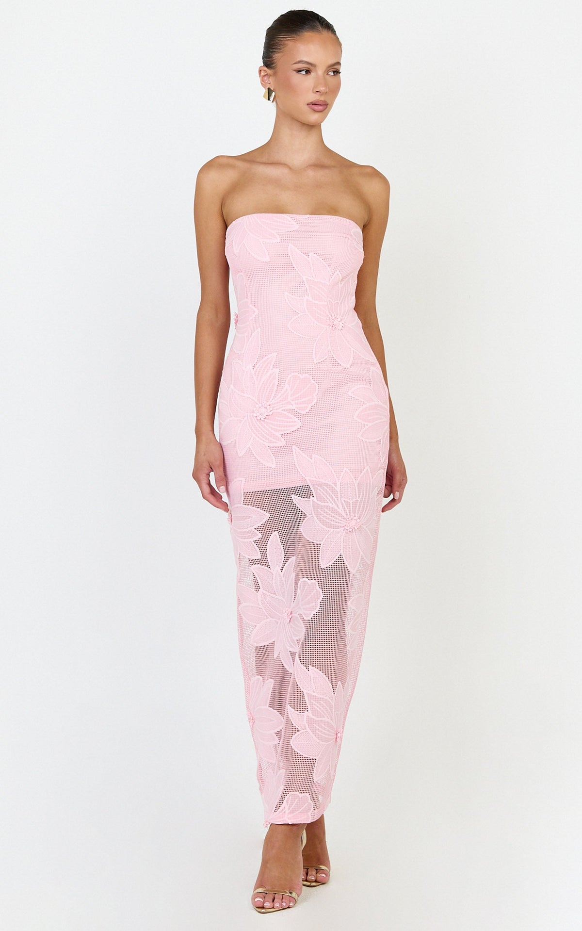 Sienna Midi Dress - Strapless Floral Embroidered Bodycon Dress in Pink