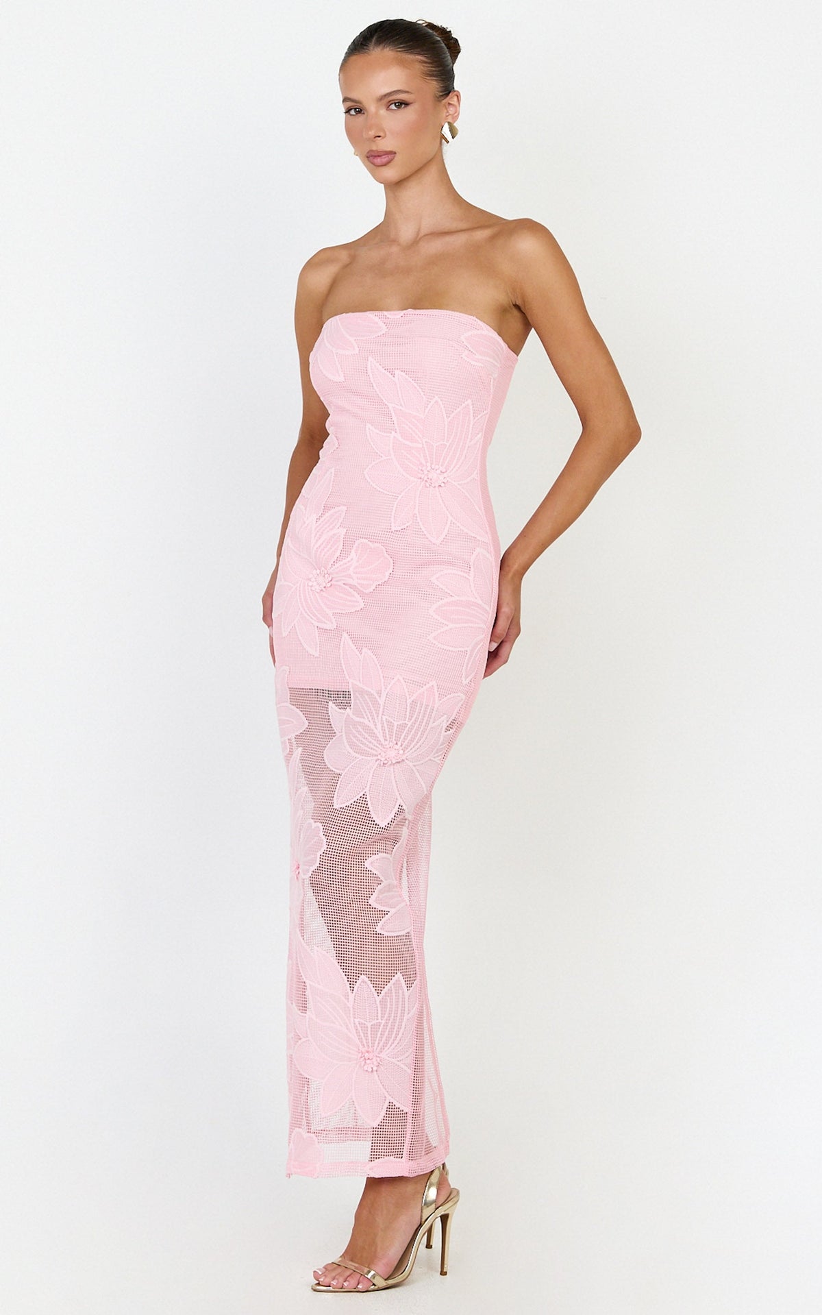 Sienna Midi Dress - Strapless Floral Embroidered Bodycon Dress in Pink
