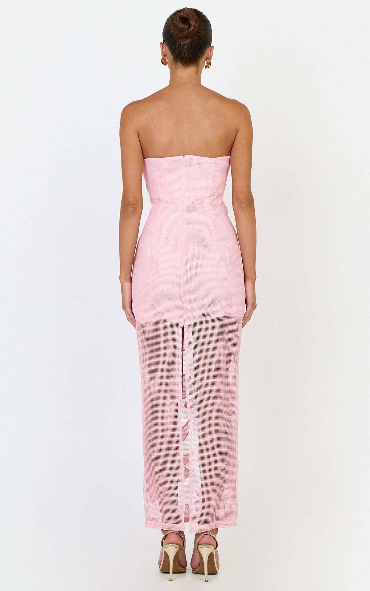 Sienna Midi Dress - Strapless Floral Embroidered Bodycon Dress in Pink