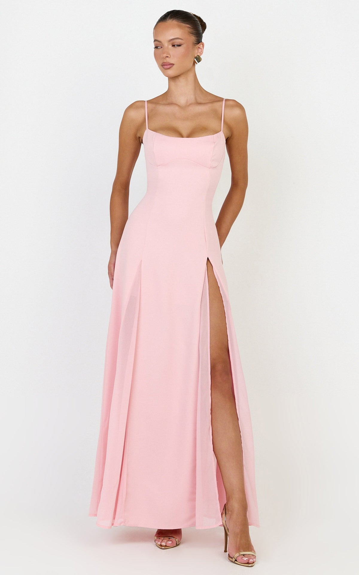 Juliette Maxi Dress - Sweetheart Neckline Georgette Godet Dress in Pink