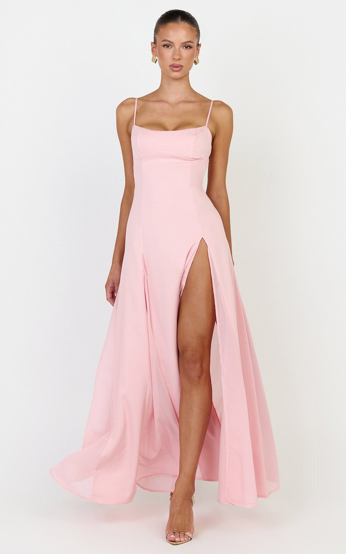 Juliette Maxi Dress - Sweetheart Neckline Georgette Godet Dress in Pink