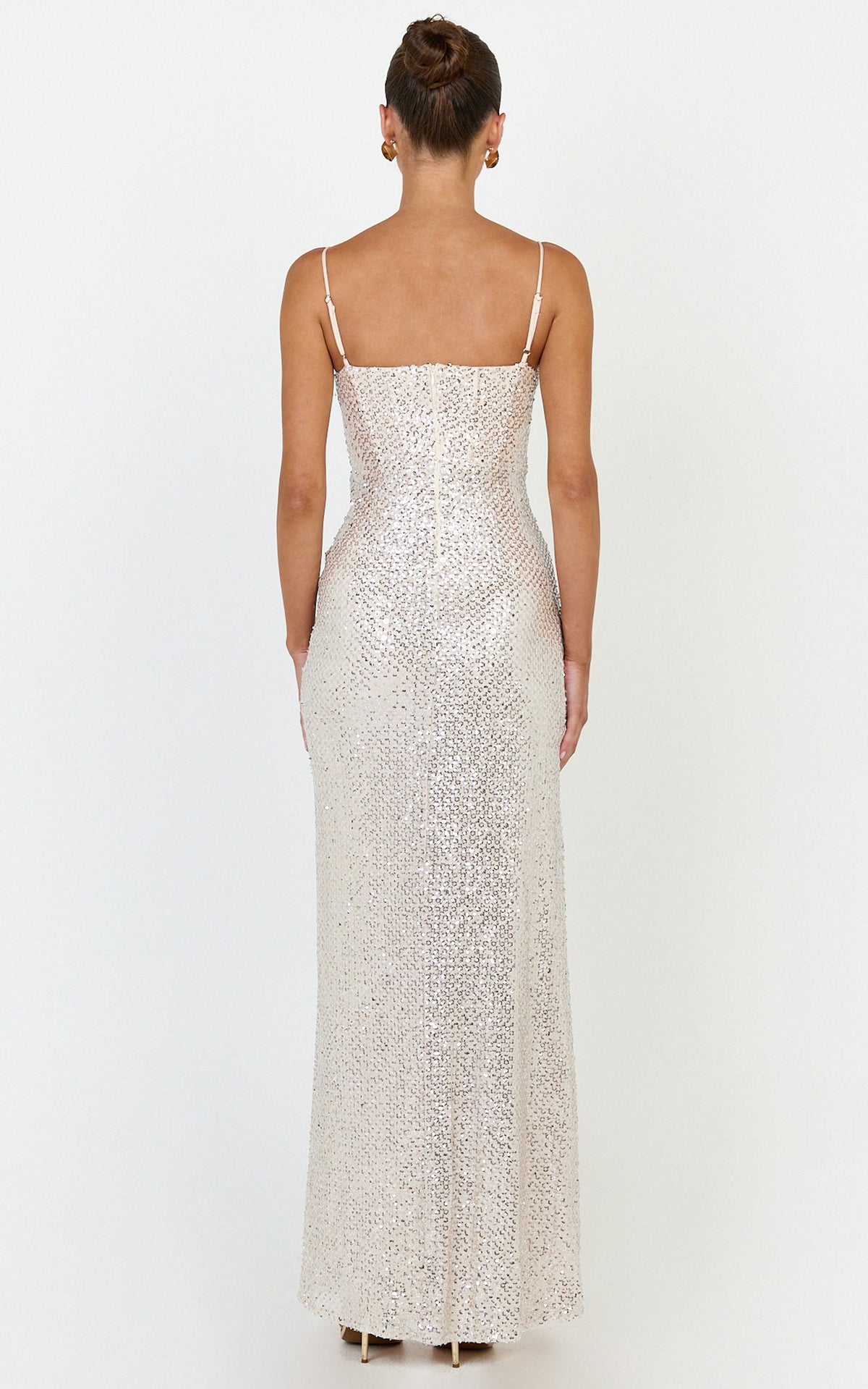 Cora Maxi Dress - Corset Bodice Draped Skirt Sequin Dress in Nude
