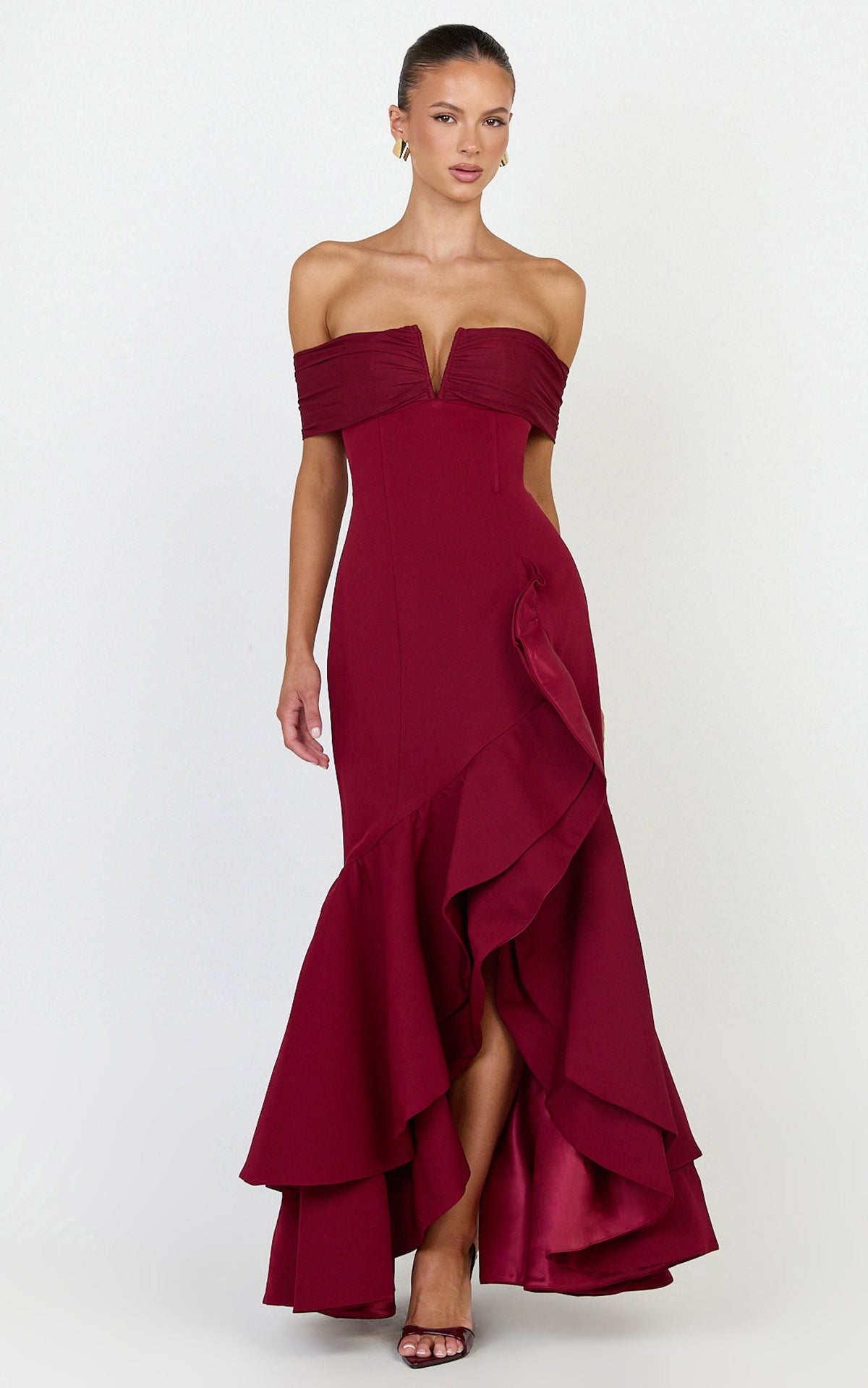 Vienna Maxi Dress - Off Shoulder Ruffle Hem Dress in Wine