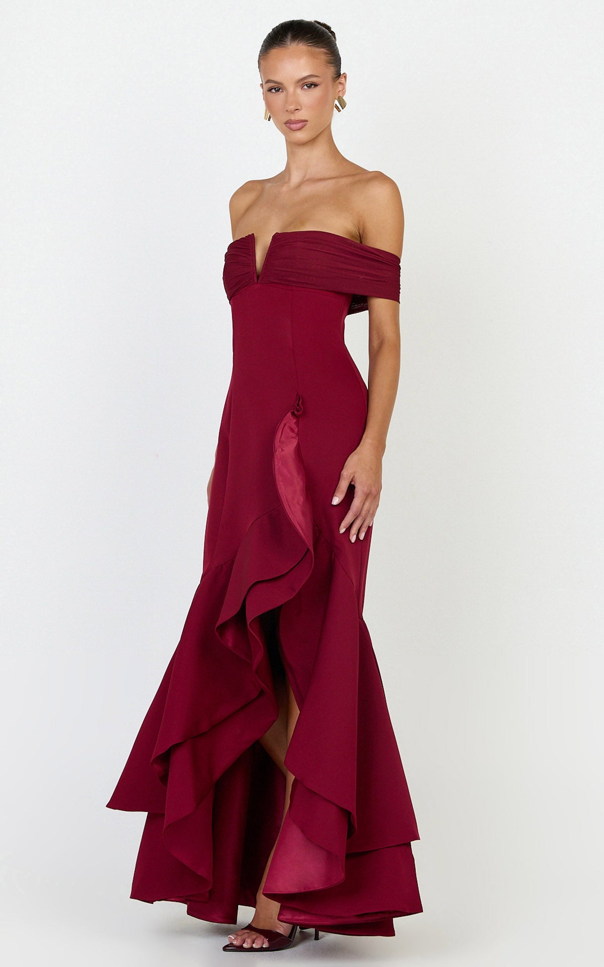 Vienna Maxi Dress - Off Shoulder Ruffle Hem Dress in Wine