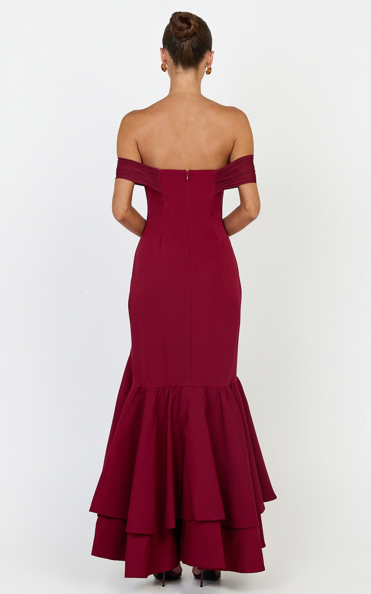 Vienna Maxi Dress - Off Shoulder Ruffle Hem Dress in Wine