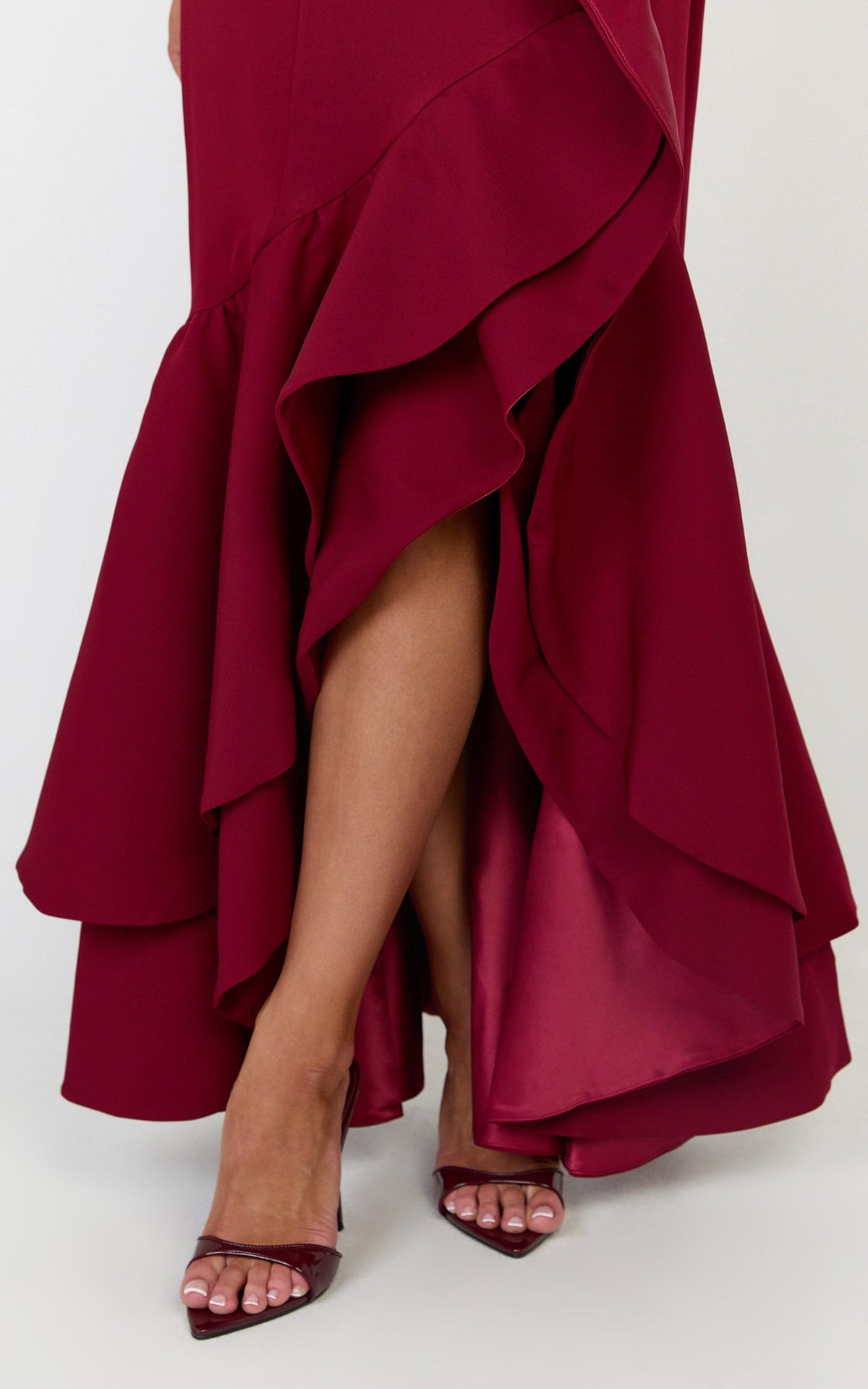 Vienna Maxi Dress - Off Shoulder Ruffle Hem Dress in Wine