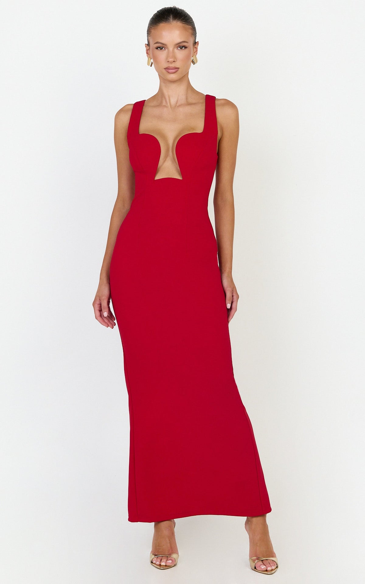 Jolie Midi Dress - Sleeveless Cut Out Fitted Dress in Red