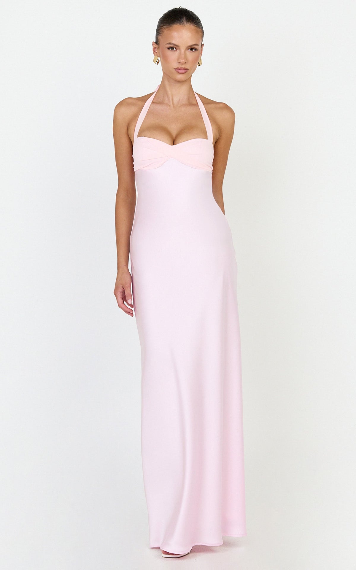 Flynn Maxi Dress - Satin Halter Sweetheart Neck Dress in Pink