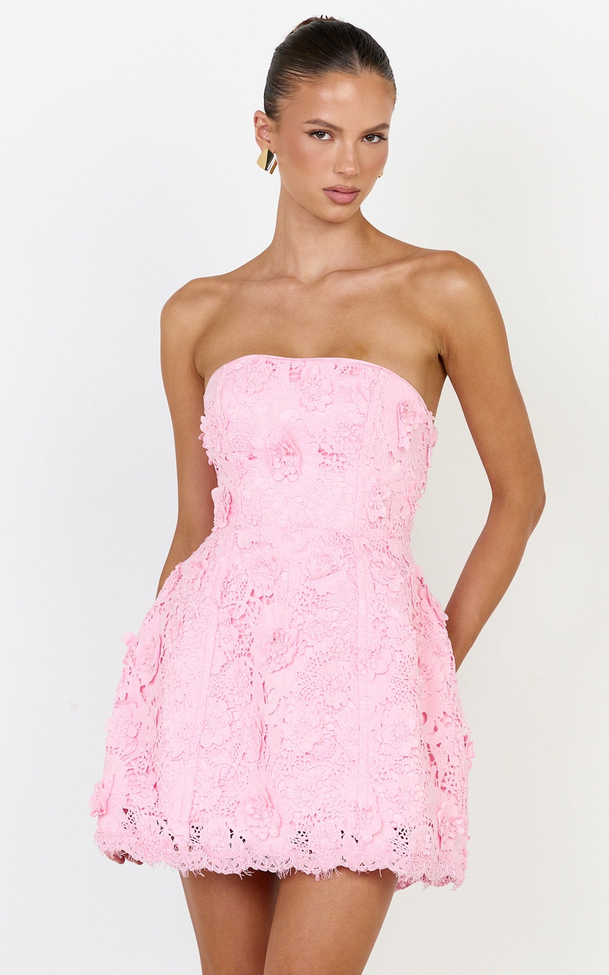 Maristella Mini Dress - Strapless Lace Up Back A Line Dress in Pink