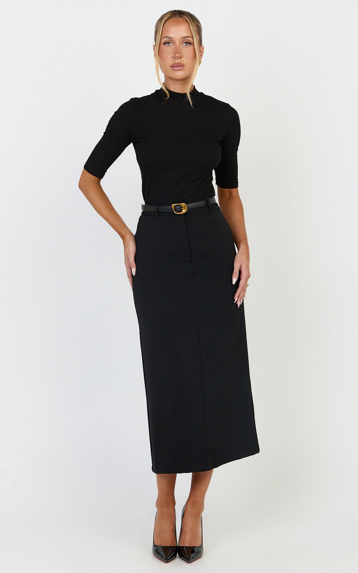 Alanna Midi Skirt - High Waisted Back Split Pencil Skirt in Black