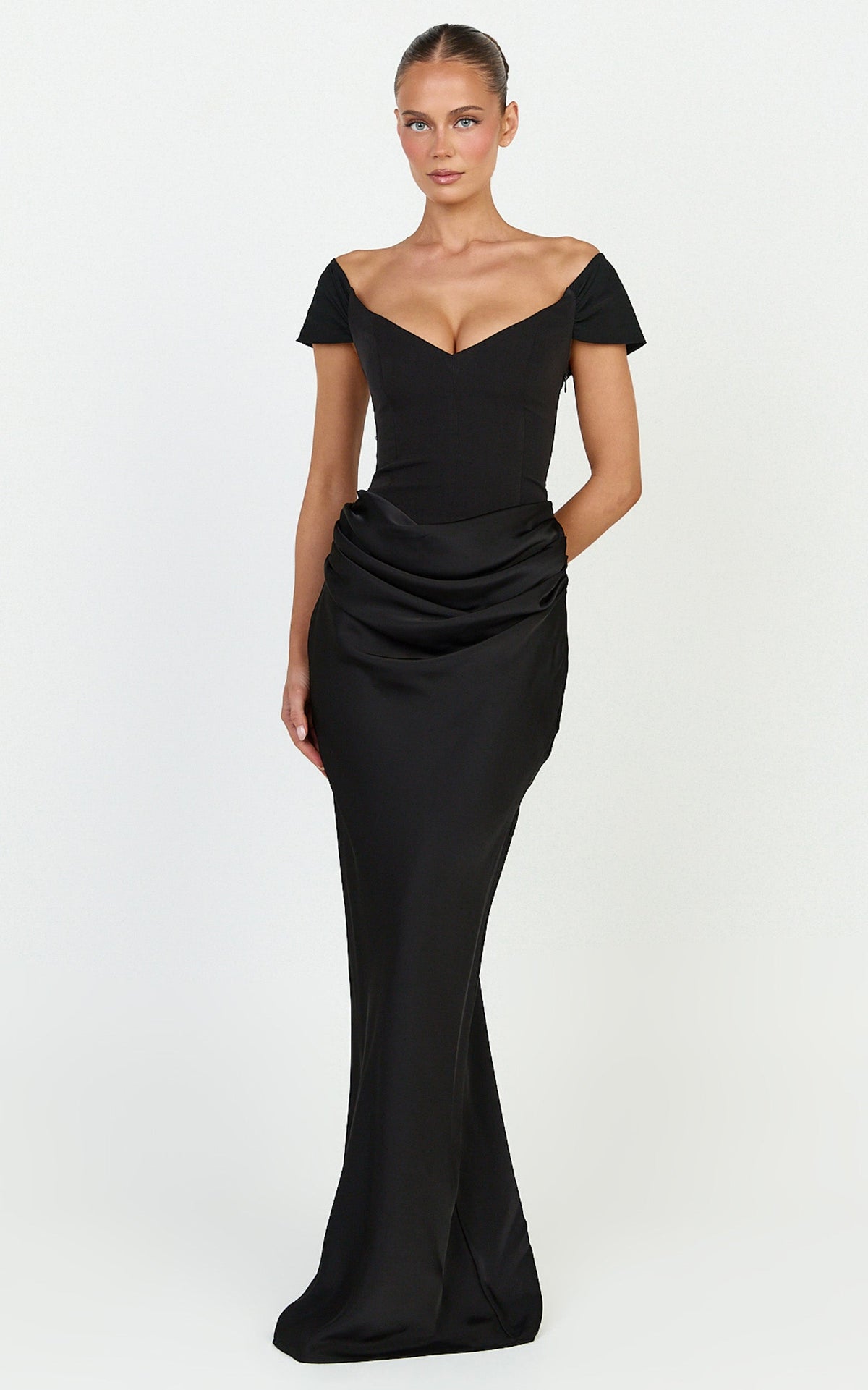Kailani Maxi Dress - Off Shoulder Plunge Draped Skirt Dress in Black