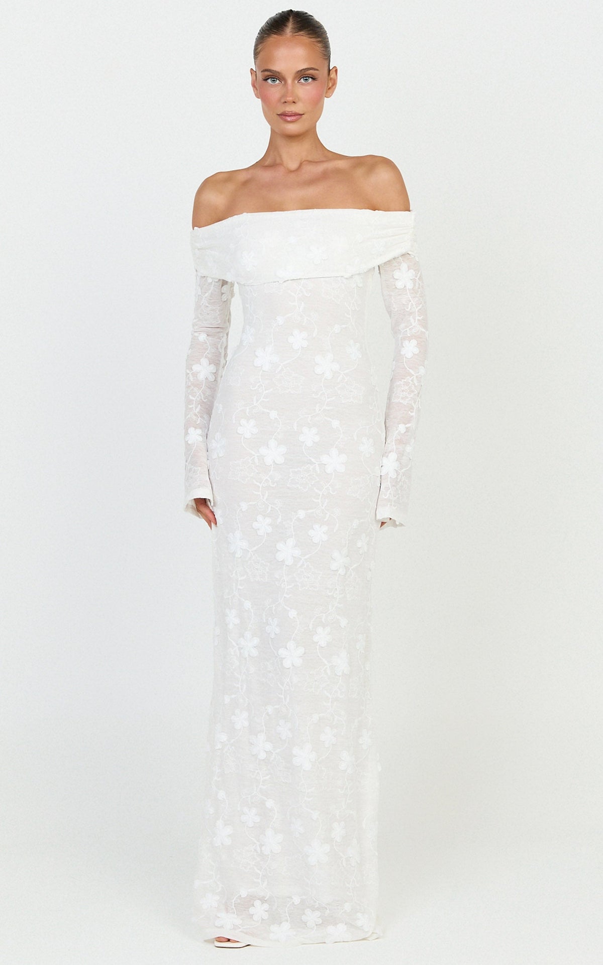Aurelle Maxi Dress - Off Shoulder Floral Embroidered Dress in Ivory