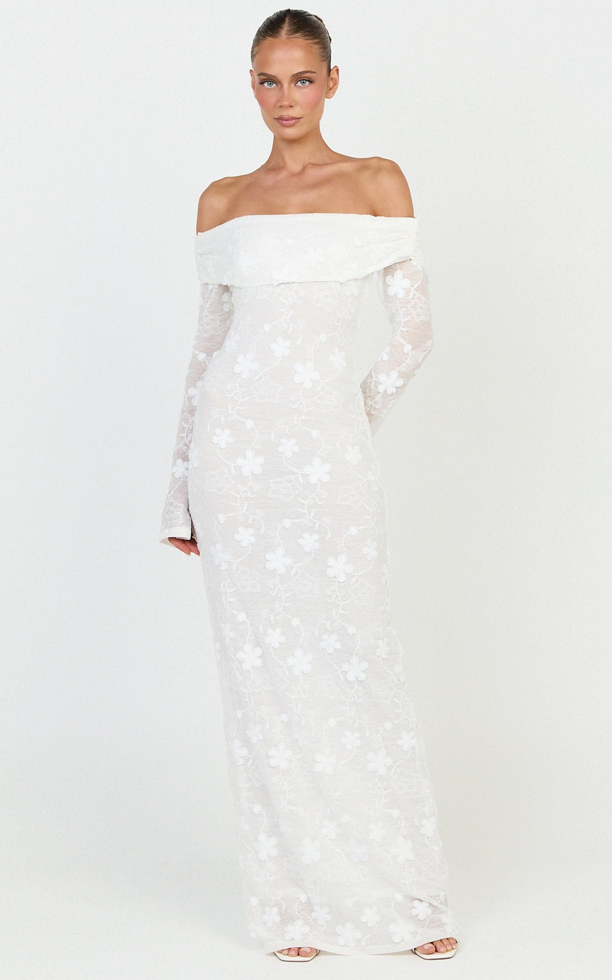 Aurelle Maxi Dress - Off Shoulder Floral Embroidered Dress in Ivory