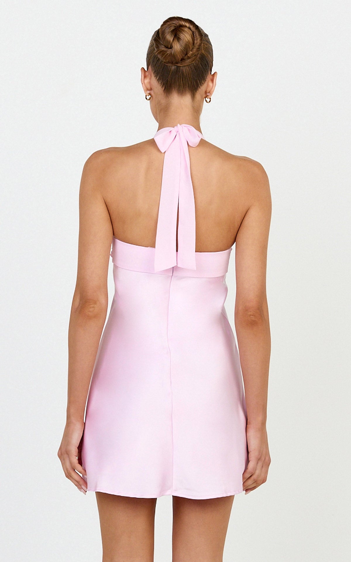 Flynn Mini Dress - Satin Halter Sweetheart Neck Dress in Pink