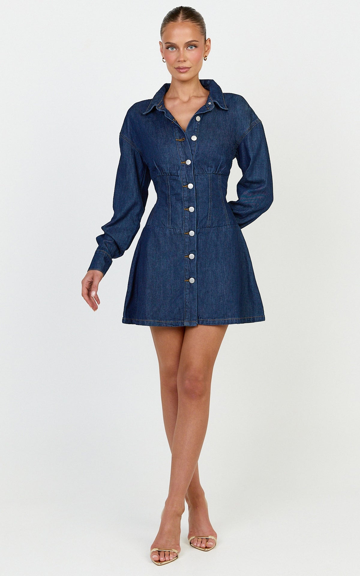 Amaris Mini Dress - Long Sleeve Corset Shirt Dress in Dark Blue Wash