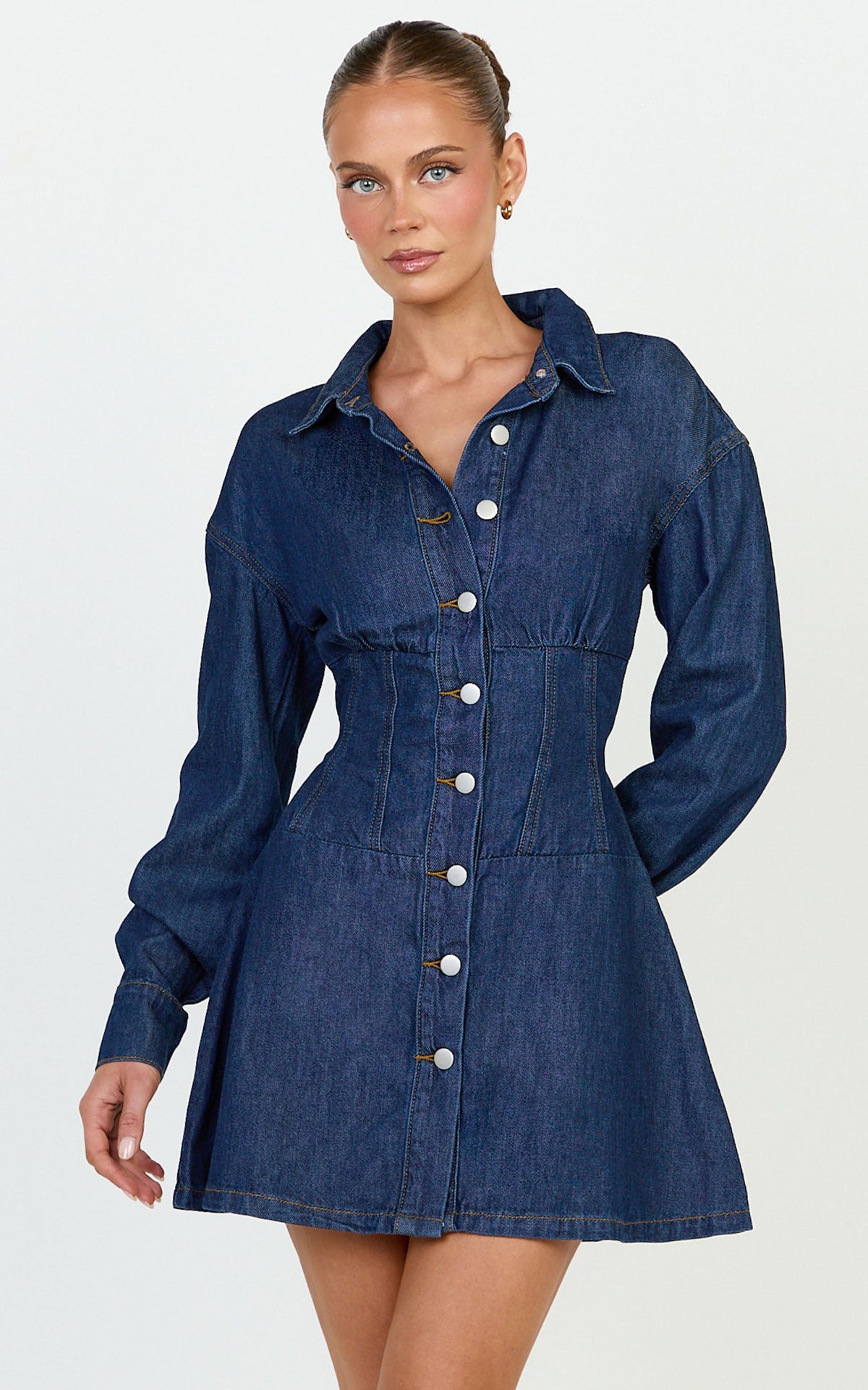 Amaris Mini Dress - Long Sleeve Corset Shirt Dress in Dark Blue Wash