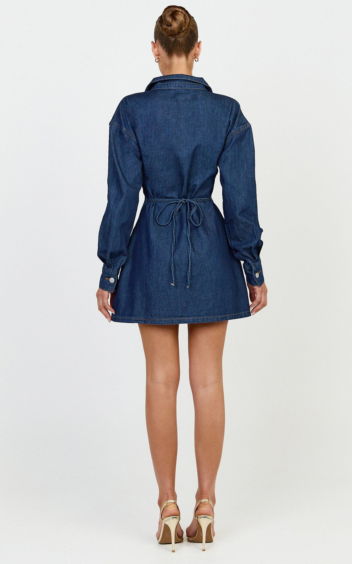 Amaris Mini Dress - Long Sleeve Corset Shirt Dress in Dark Blue Wash