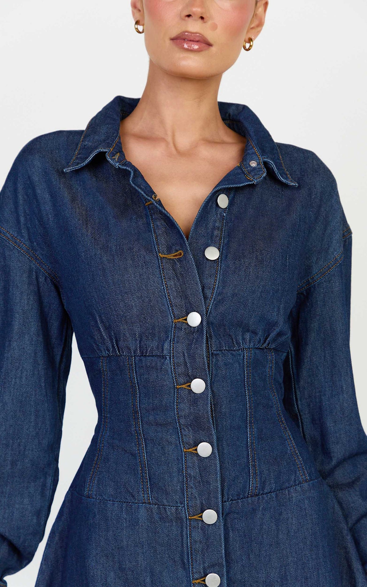 Amaris Mini Dress - Long Sleeve Corset Shirt Dress in Dark Blue Wash