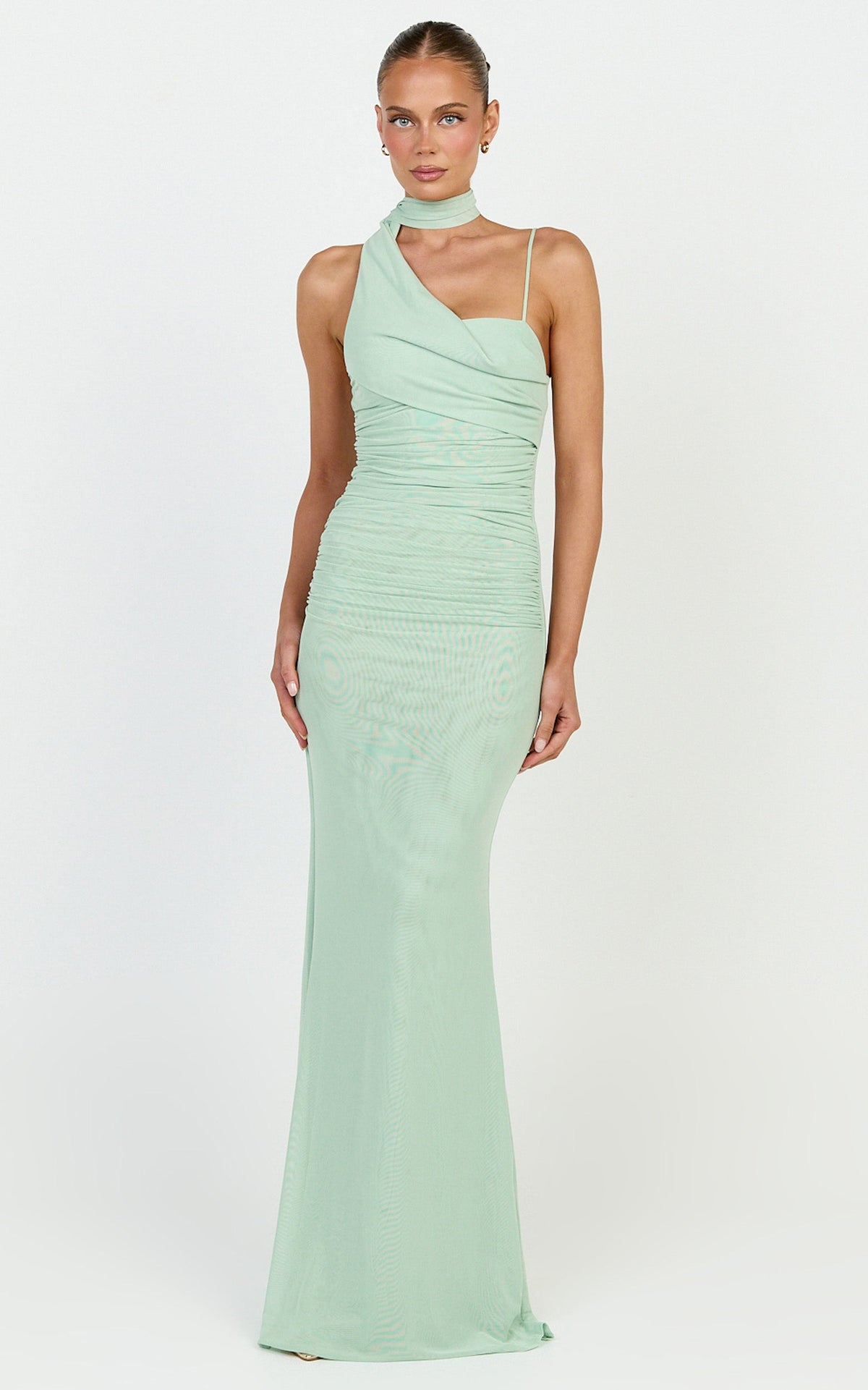 Larson Maxi Dress - Asymmetric Tie Neck Column Dress in Sage