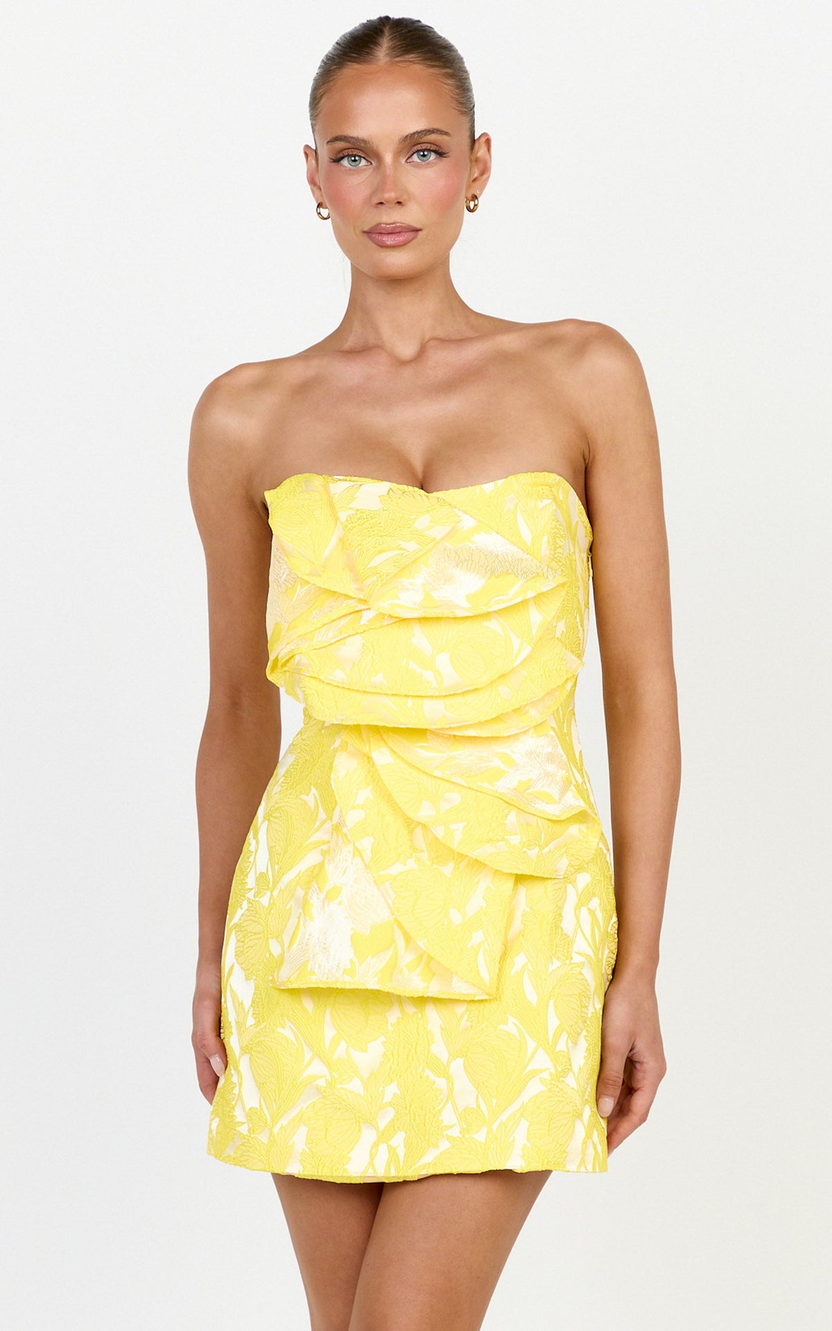 Amalie The Label - Frederika Strapless Ruffle Detail Jacquard Mini Dress in Yellow