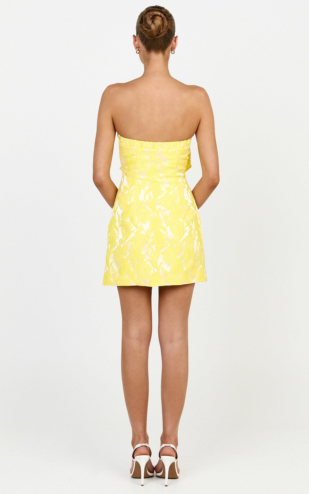 Amalie The Label - Frederika Strapless Ruffle Detail Jacquard Mini Dress in Yellow