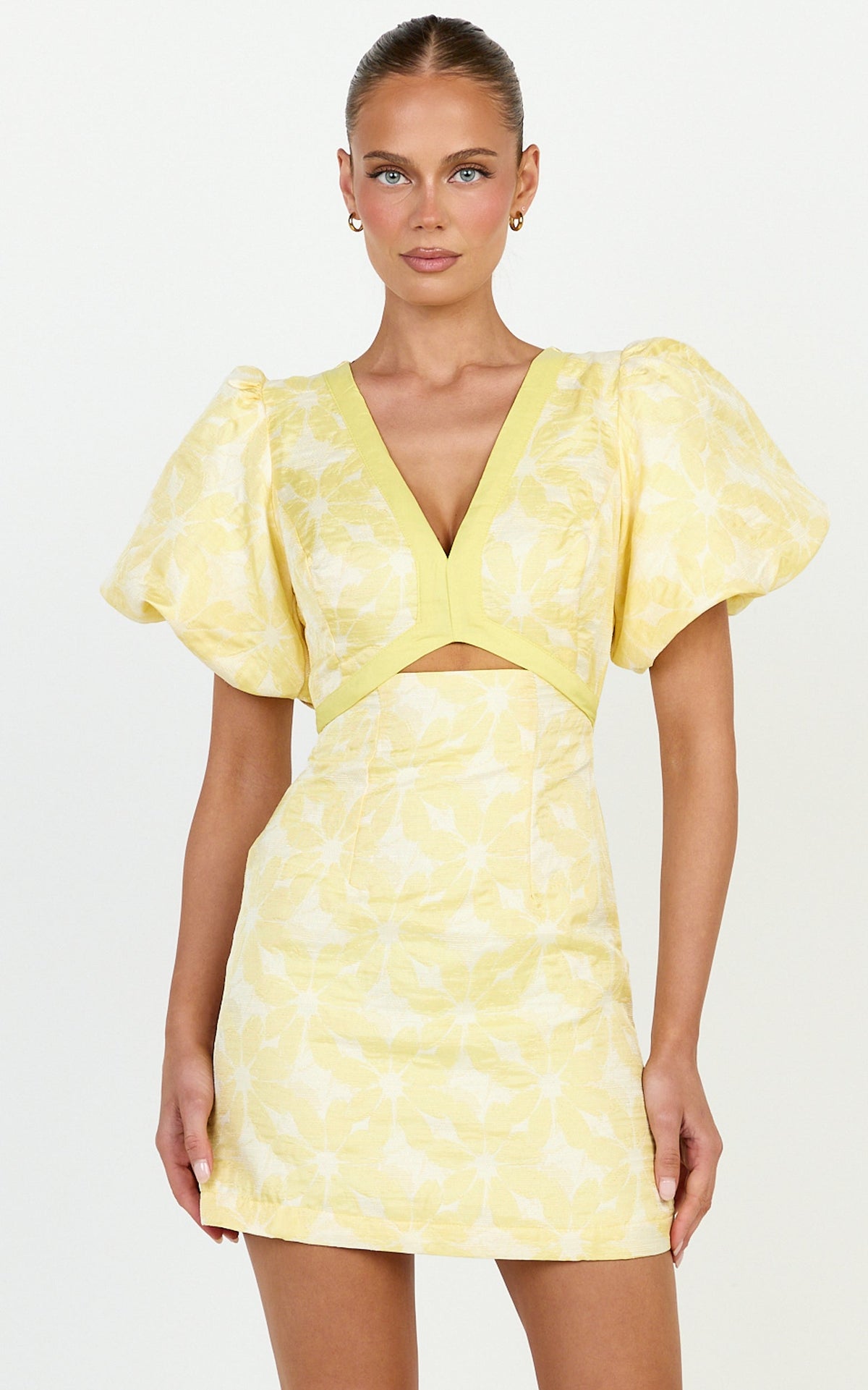 Diana Mini Dress - Jacquard Short Sleeve Cut Out Dress in Lemon