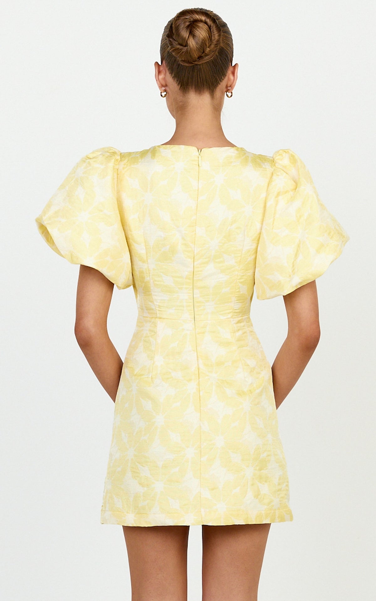 Diana Mini Dress - Jacquard Short Sleeve Cut Out Dress in Lemon