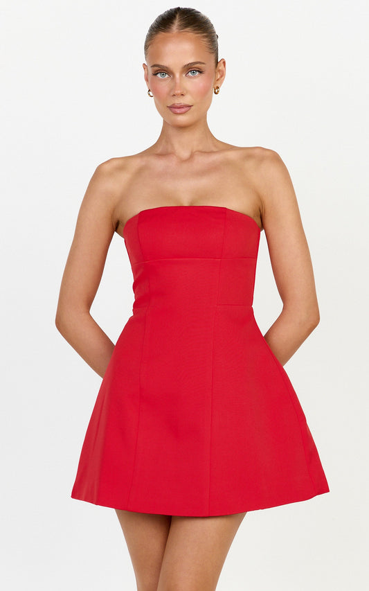 Catharine Mini Dress - Strapless A Line Dress in Red