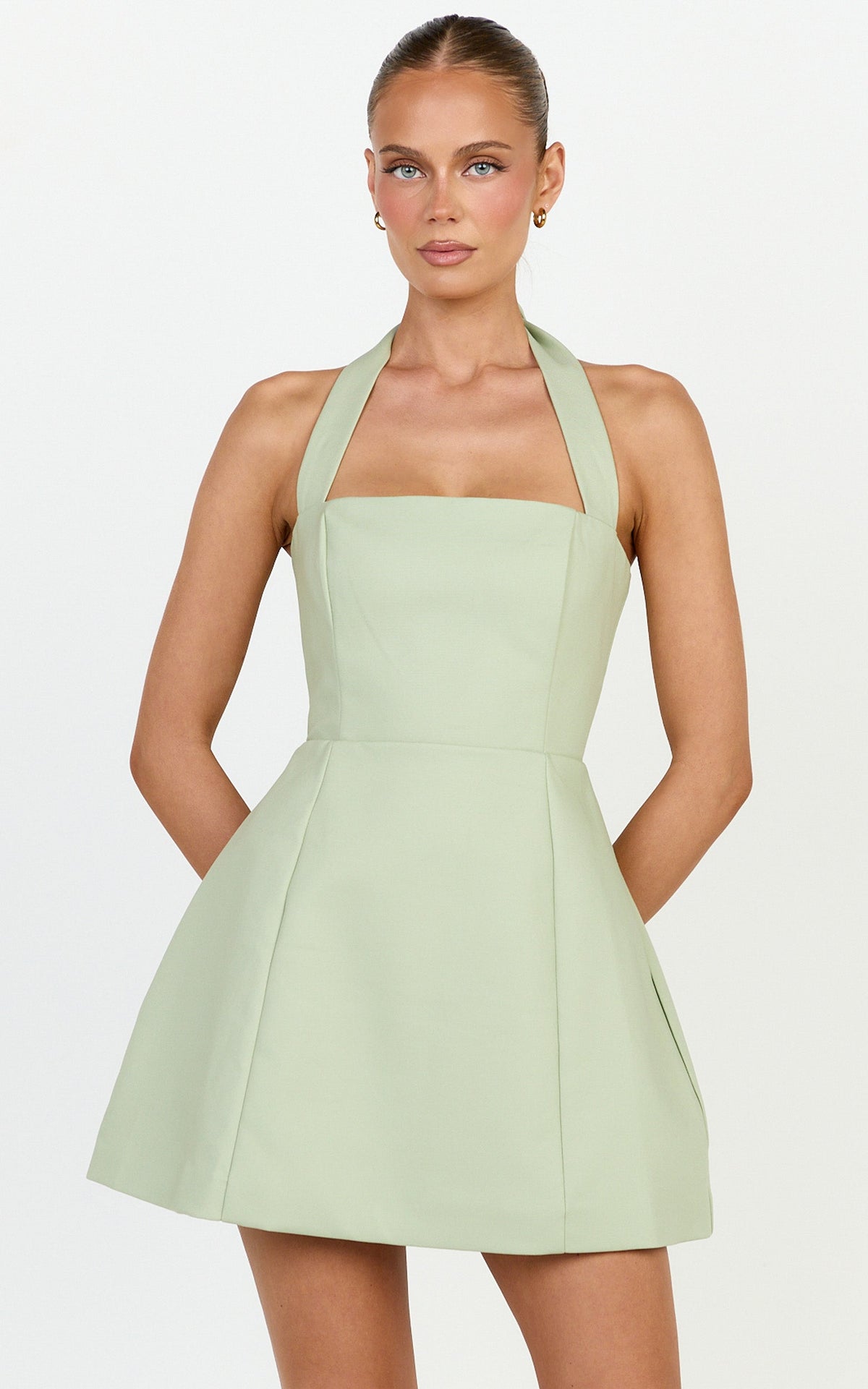 Dante Mini Dress - Halter Neck Tie Tulip Skirt Dress in Sage