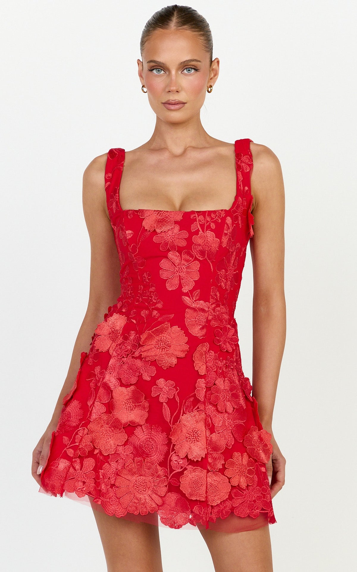 Sienna Mini Dress - 3D Floral Fit And Flare Dress in Red