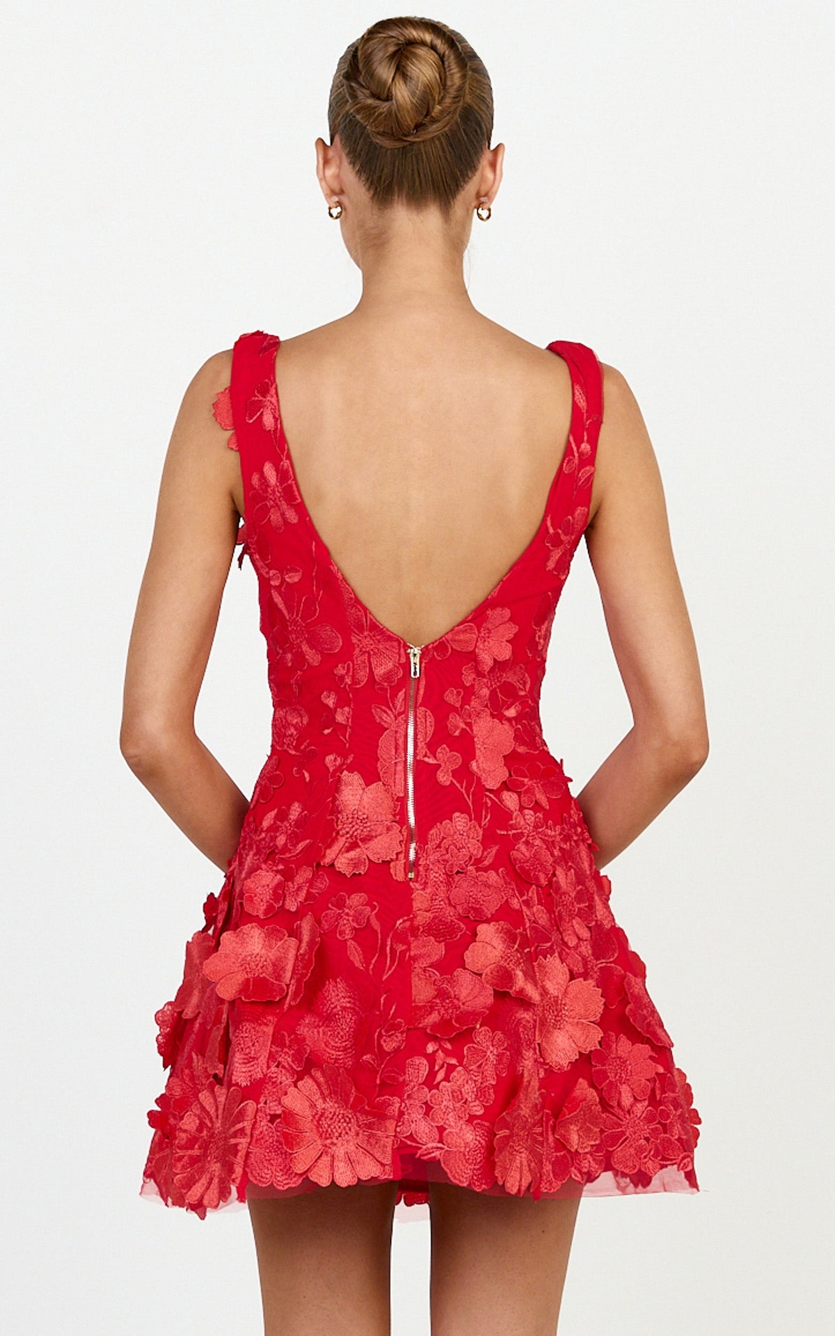 Sienna Mini Dress - 3D Floral Fit And Flare Dress in Red