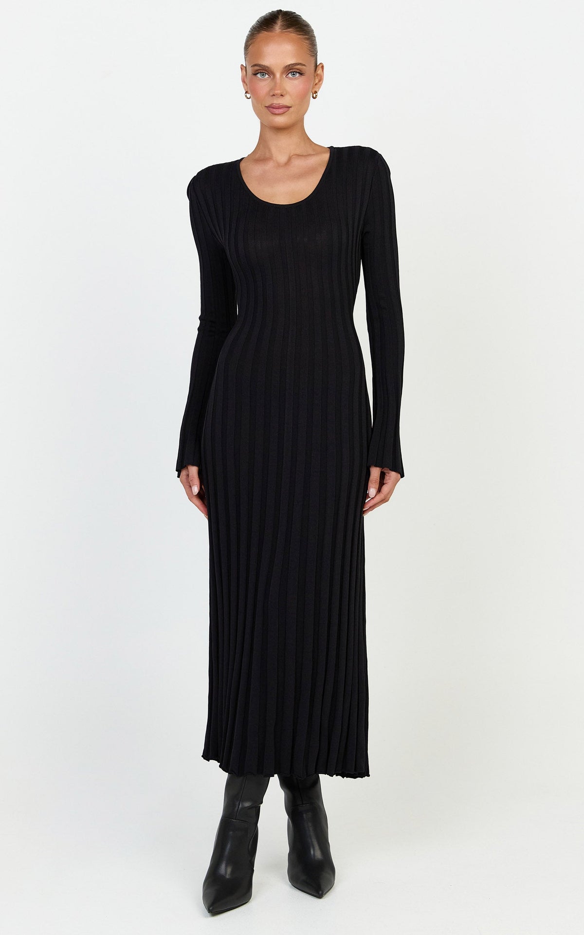 Blaire Midi Dress - Long Sleeve Tie Back Flare Dress in Black