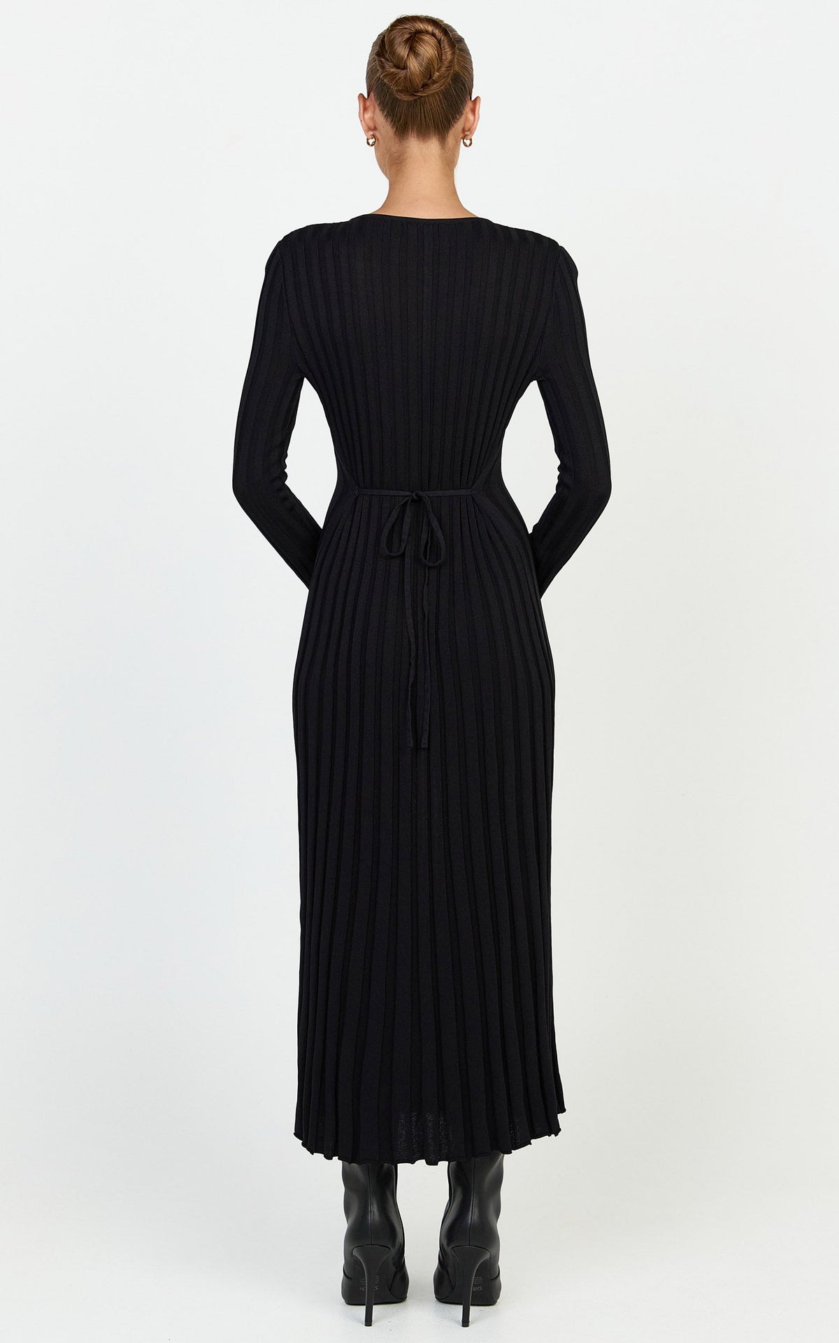 Blaire Midi Dress - Long Sleeve Tie Back Flare Dress in Black