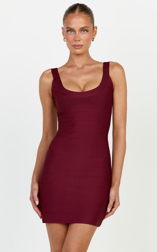 Valentina Mini Dress - Scoop Neck Bodycon Bandage Dress in Wine