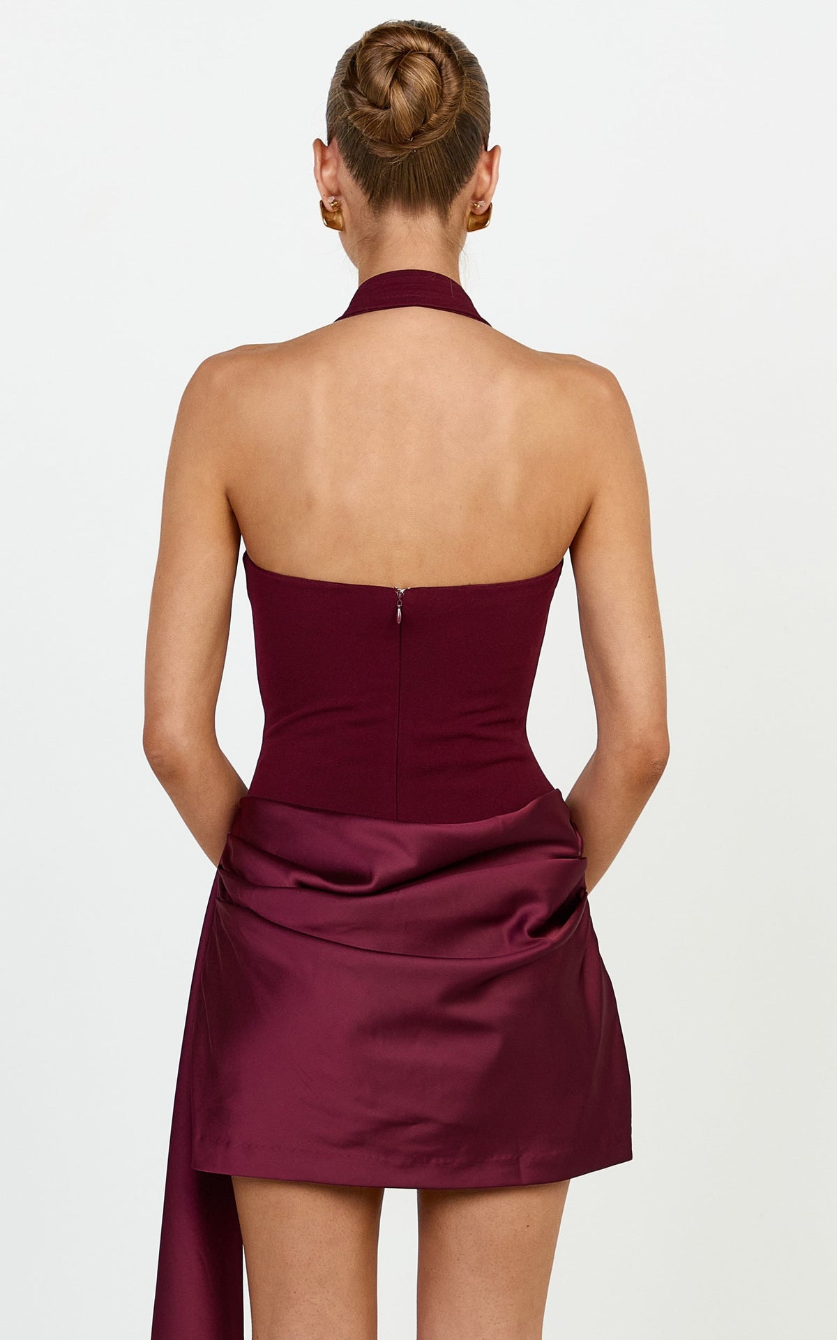 Coralie Mini Dress - Contrast Drape Skirt Halter Dress in Plum