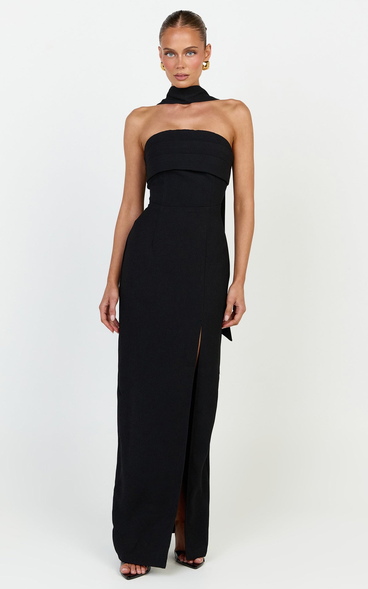 Marcelline Maxi Dress - Strapless Split Leg Fitted Dress With Neck Scarf in Black