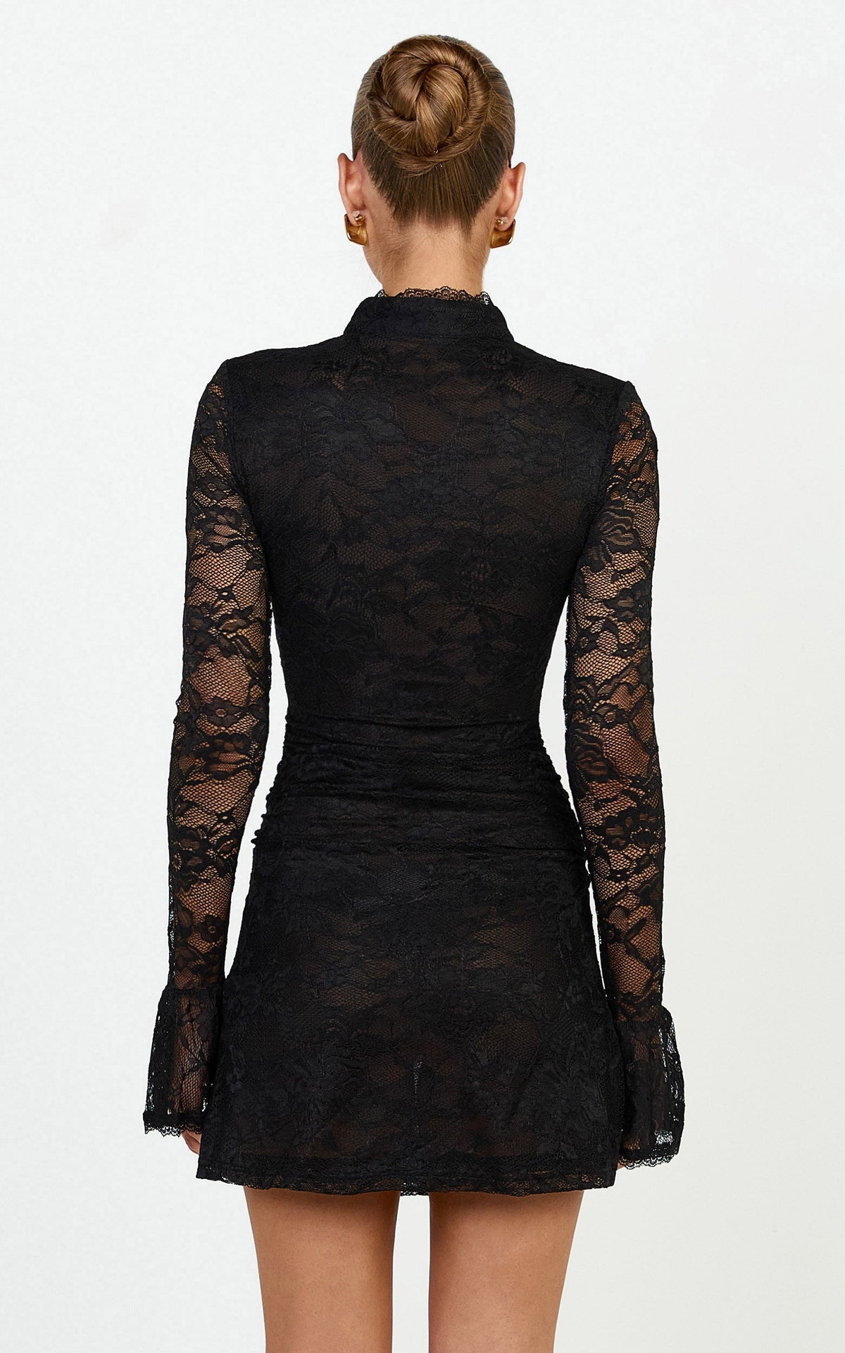 Nyla Mini Dress - Collared Keyhole Flute Sleeve Fitted Dress in Black
