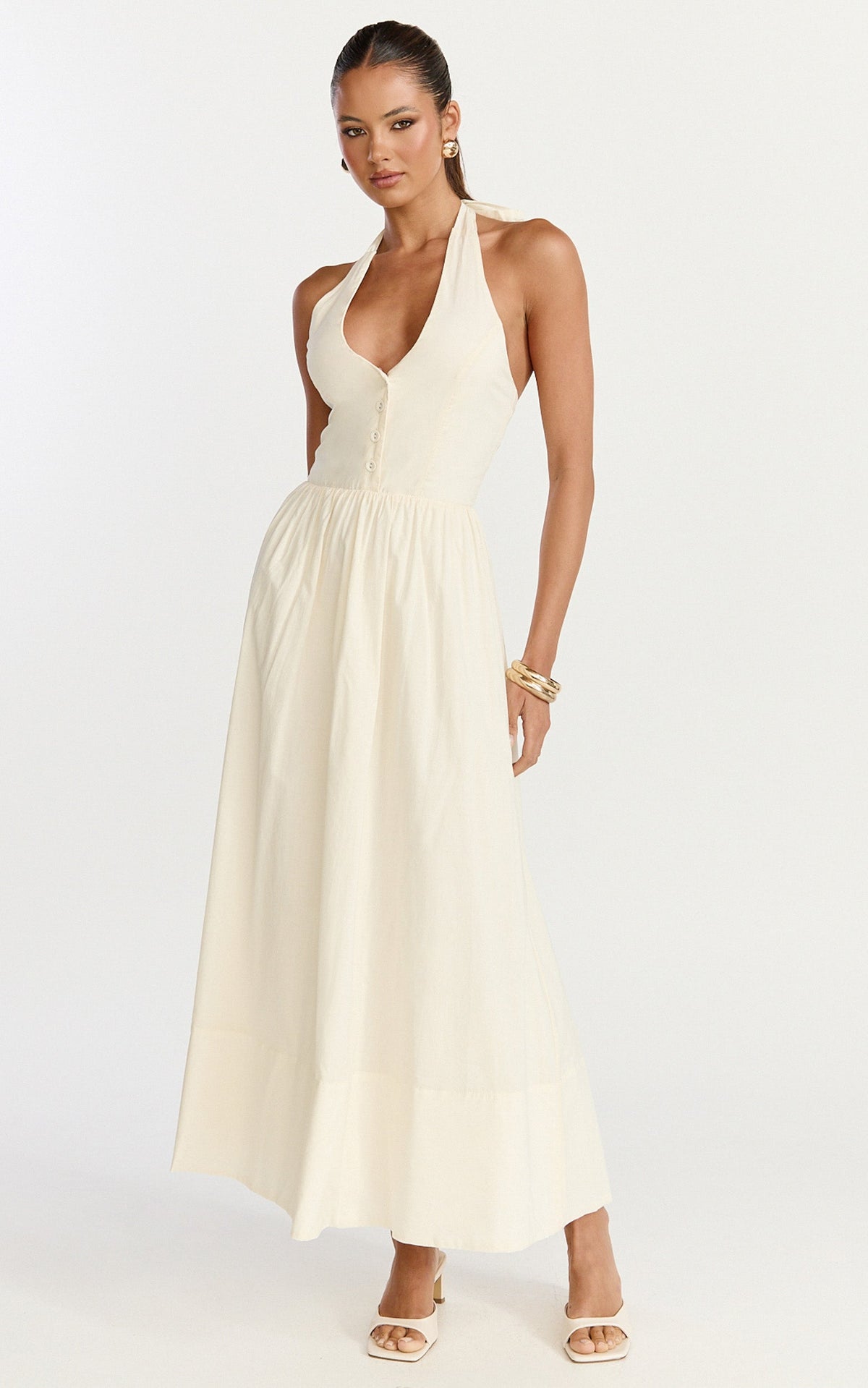 Everly Midi Dress - Tie Halter Neck Button Down Bodice Fit And Flare Dress in Cream
