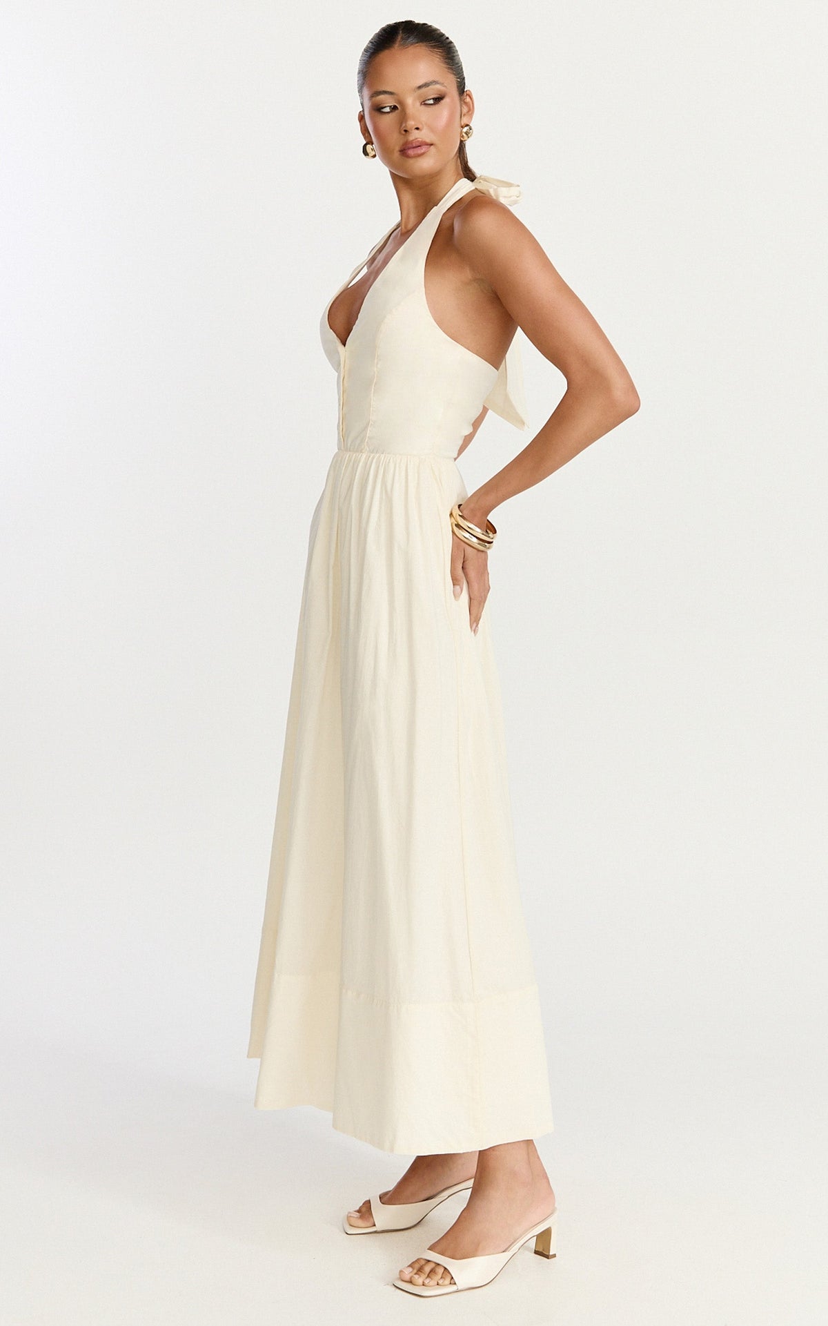 Everly Midi Dress - Tie Halter Neck Button Down Bodice Fit And Flare Dress in Cream