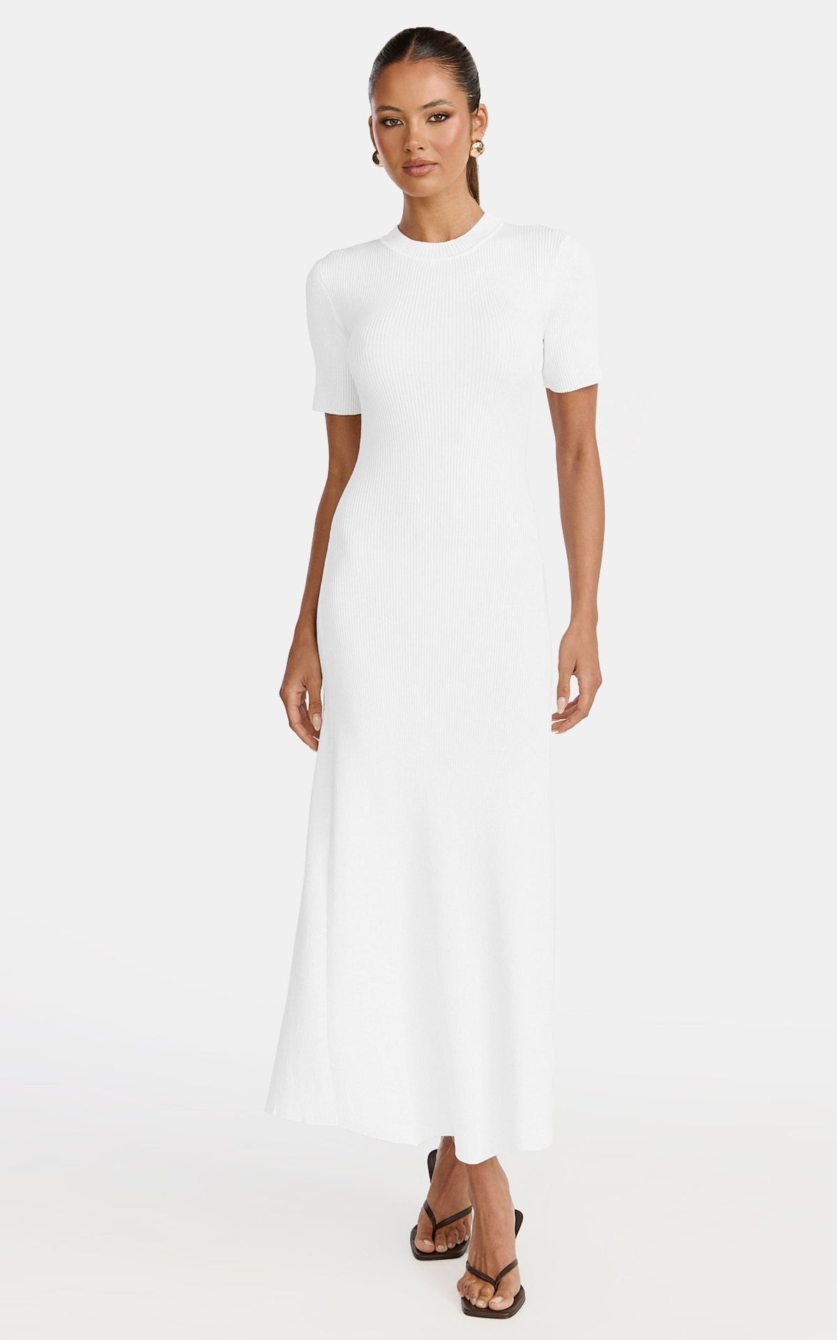 Lanie Midi Dress - Knitted Crew Neck Short Sleeve Dress in Cream