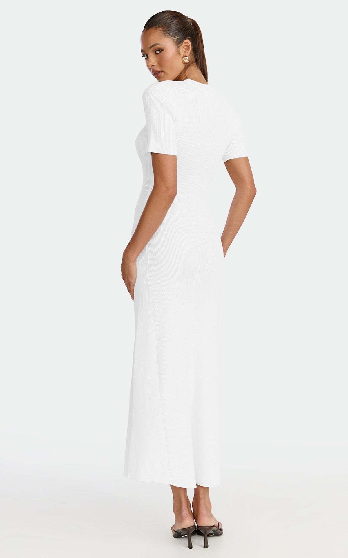 Lanie Midi Dress - Knitted Crew Neck Short Sleeve Dress in Cream