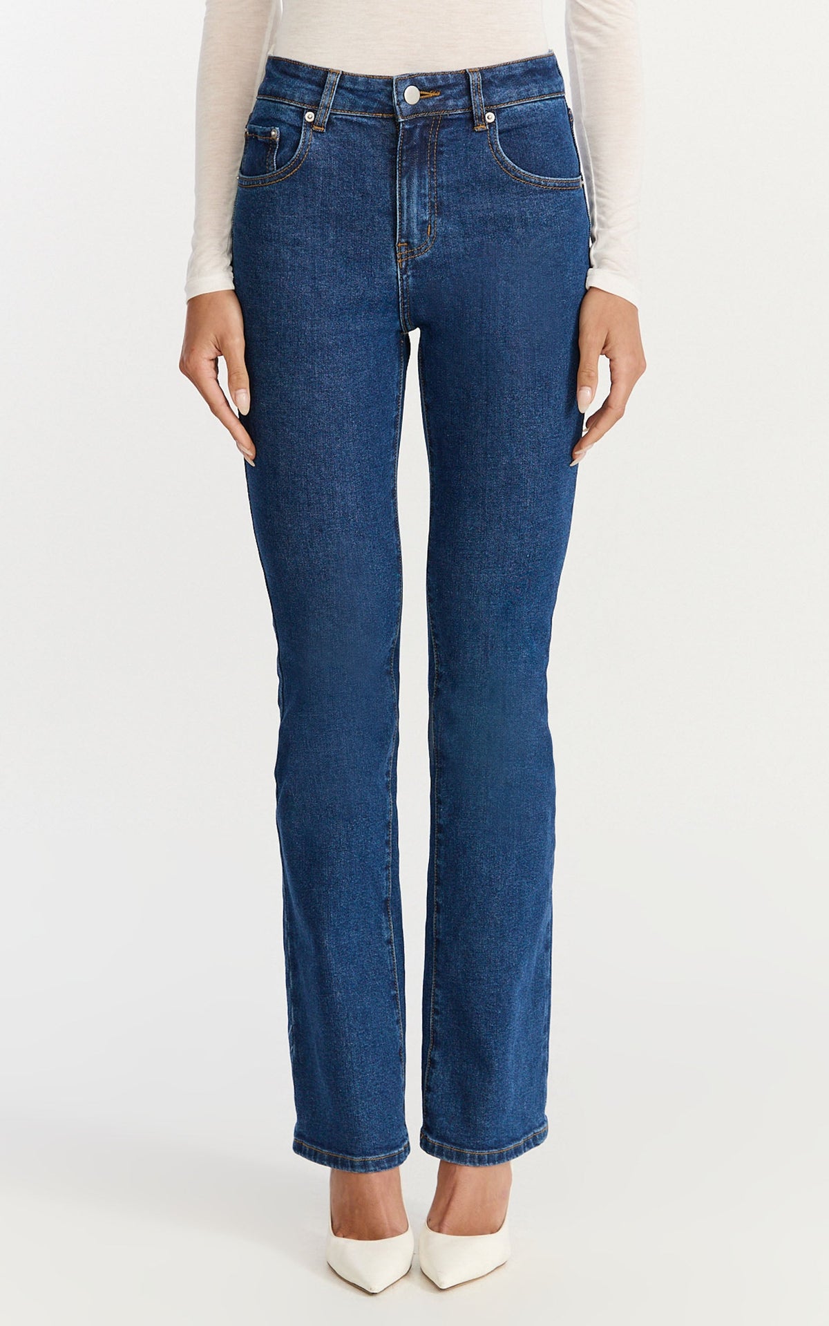 Solenne Jeans - High Waist Skinny Bootcut Leg Jeans in Dark Mid Blue Wash