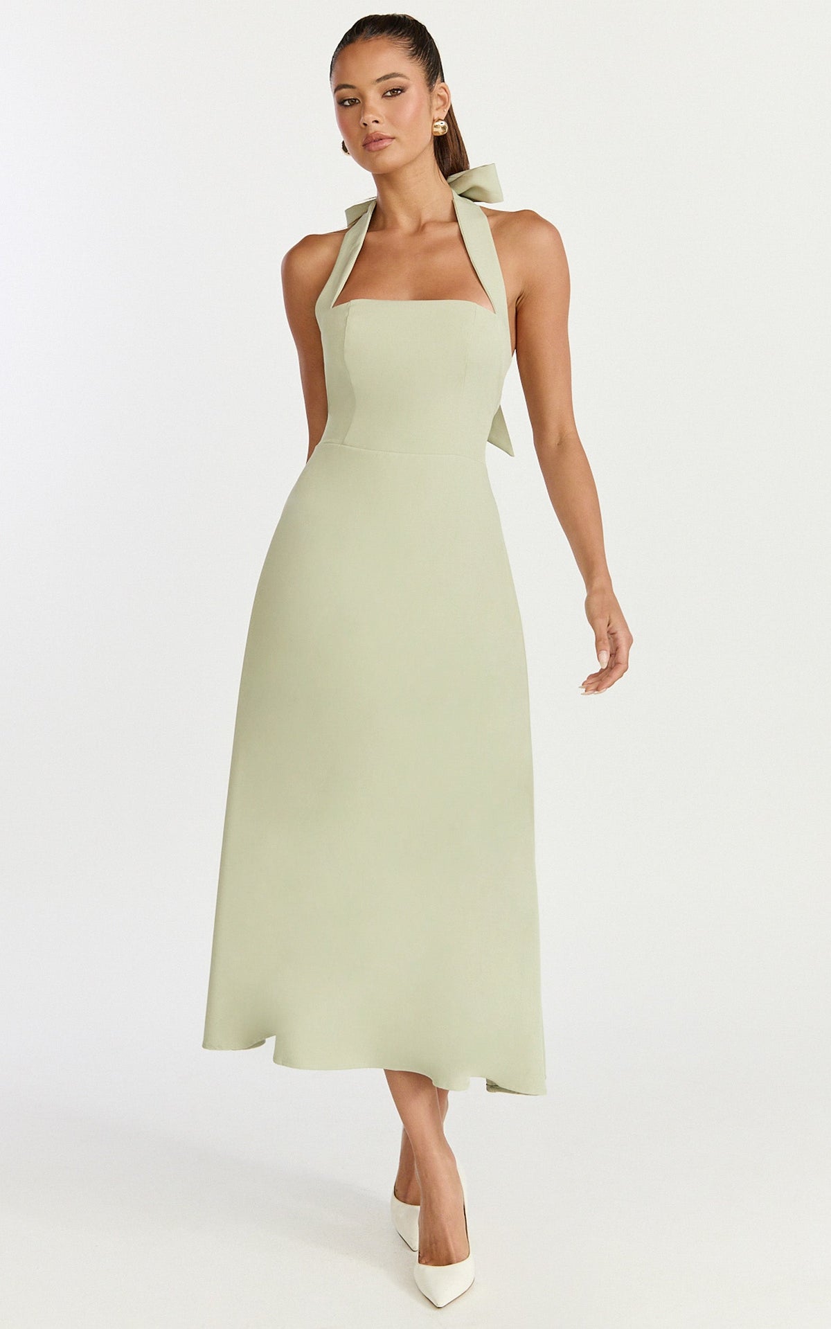 Karissa Midi Dress - Halter Neck Fit and Flare Midi Dress in Pistachio